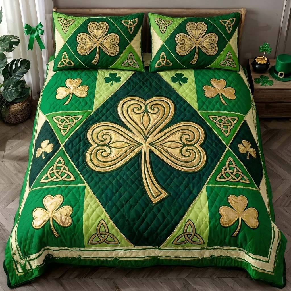 Festive Shamrock Quilted Bedding Set St Patricks Day Bedroom Decor Gift For Irish Lovers