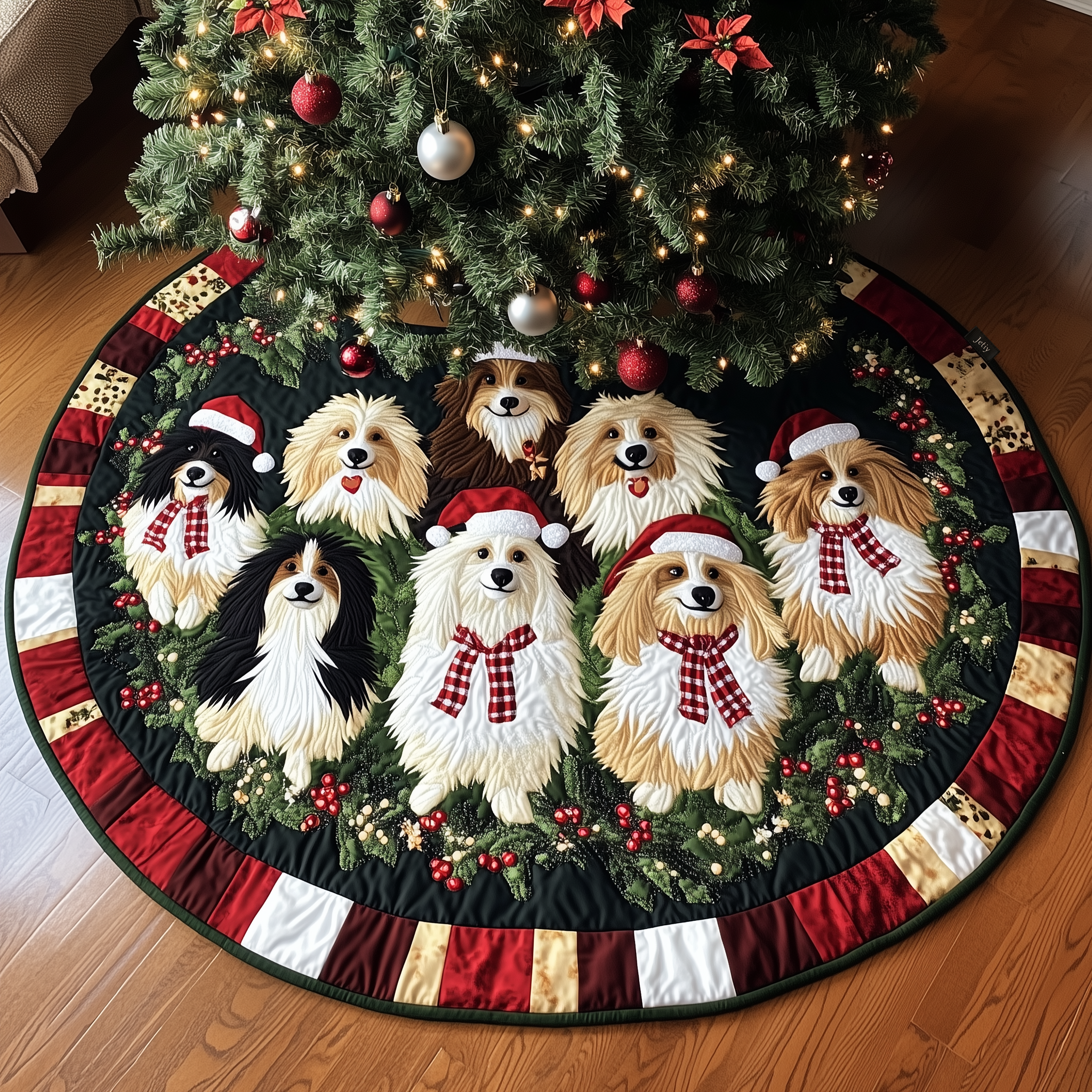 Festive Shetland Sheepdog Quilted Tree Skirt Cozy Tree Skirt For Holiday Decor