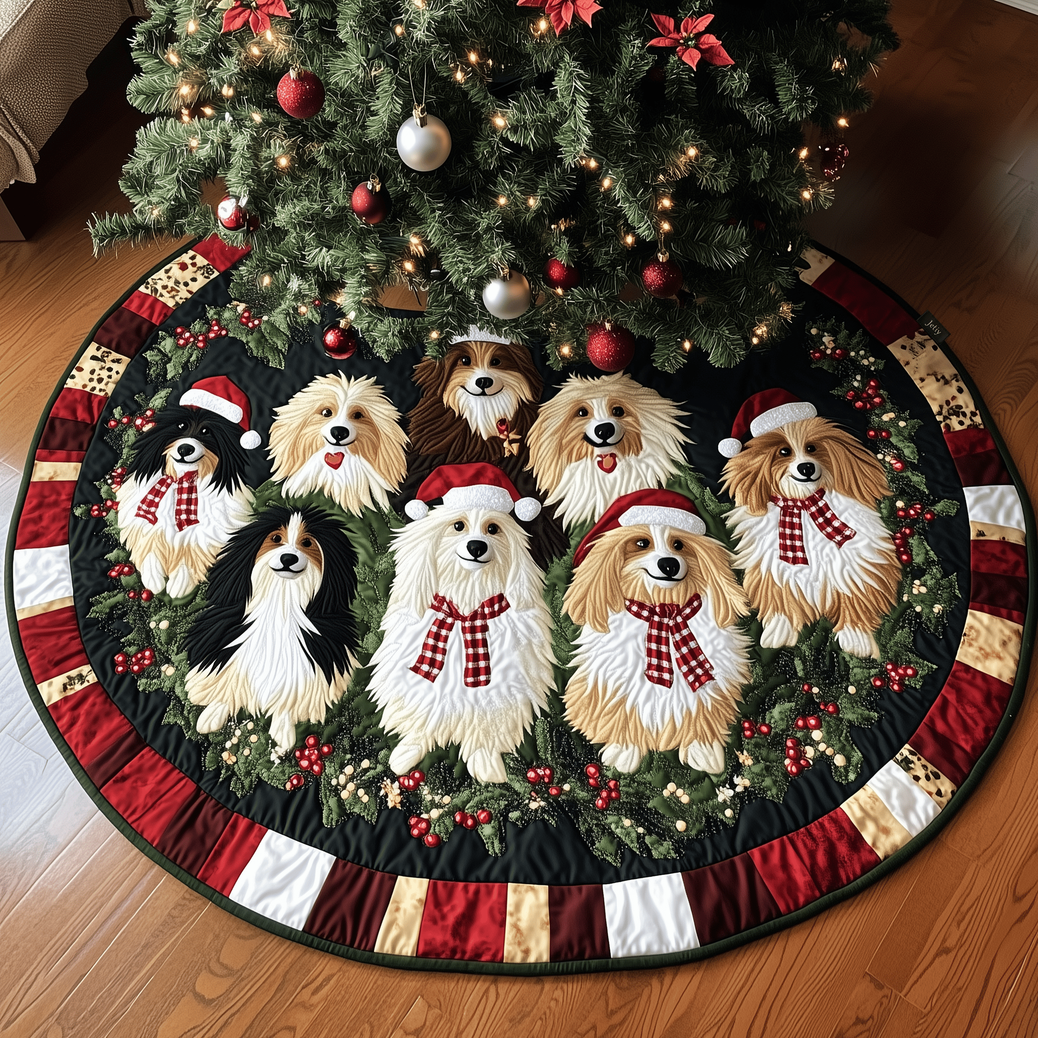 Festive Shetland Sheepdog Quilted Tree Skirt Holiday Christmas Tree Base Cover Gifts For Sheep Farmers