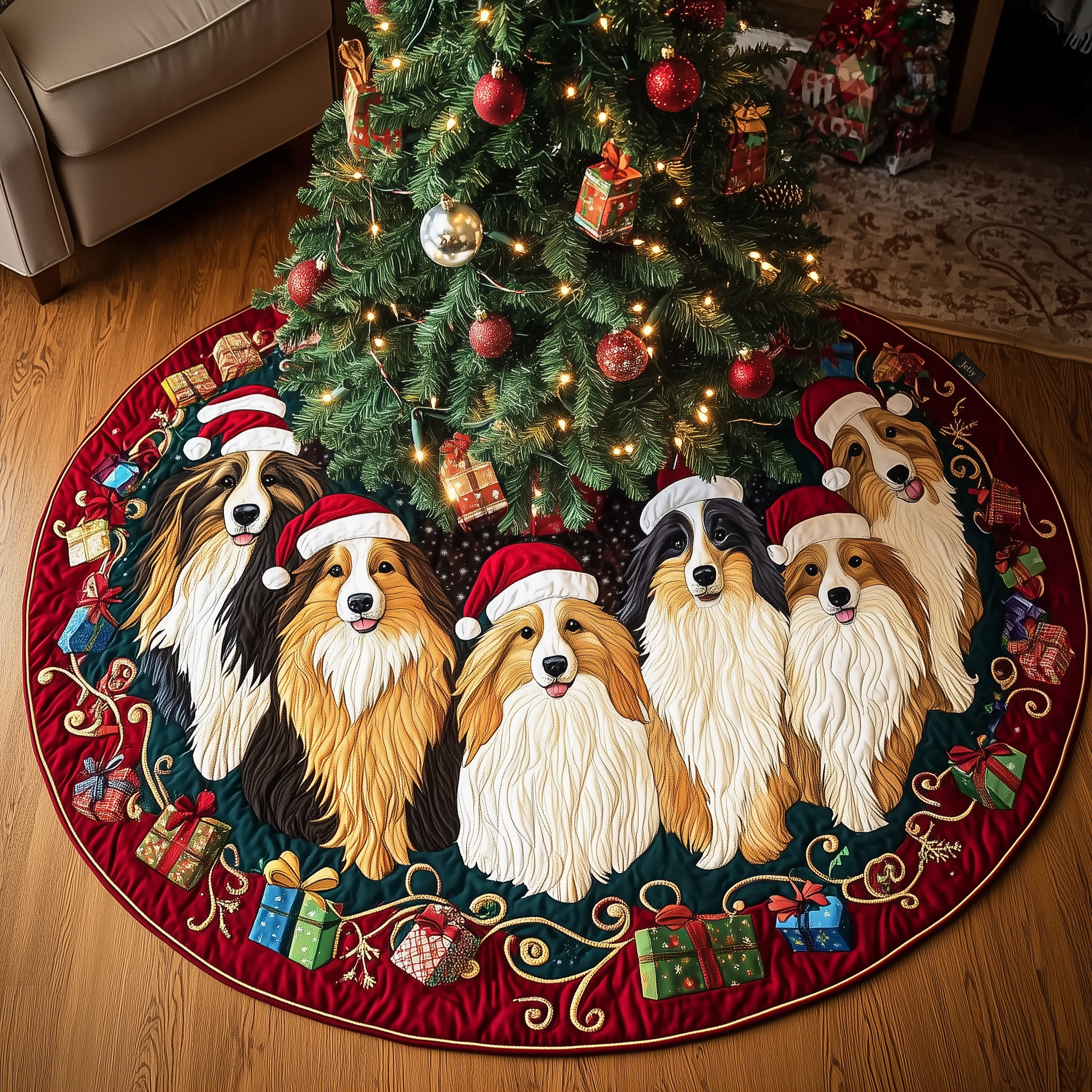 Festive Shetland Sheepdog Quilted Tree Skirt Holiday Christmas Tree Base Cover Gifts For Sheep Farmers