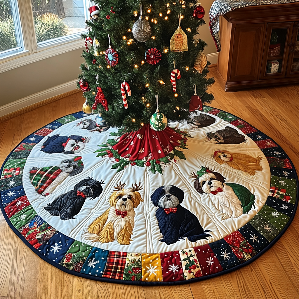 Festive Shih Tzu Joy Christmas Quilted Tree Skirt XMas Tree Skirt Christmas Gifts For Mothers