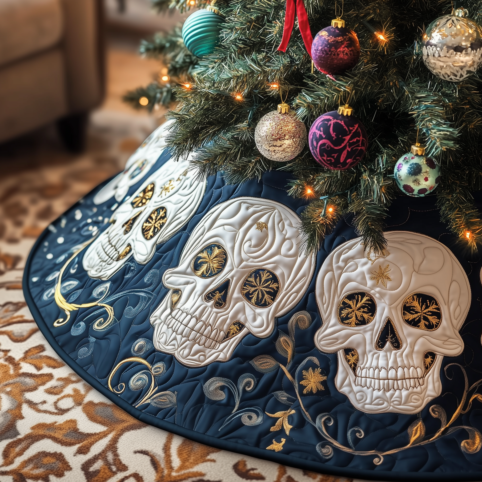Festive Skull Quilted Tree Skirt Best New Year Gift Merch