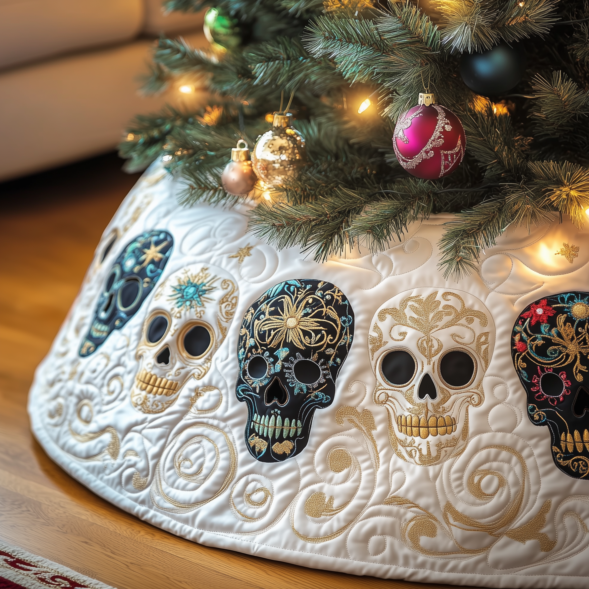 Festive Skull Quilted Tree Skirt Festive Tree Skirt Gift Choice