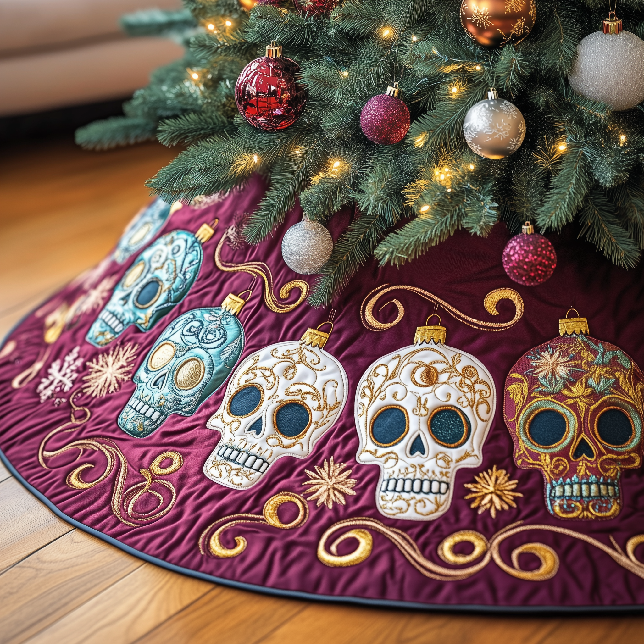 Festive Skull Quilted Tree Skirt Holiday Gift Merch