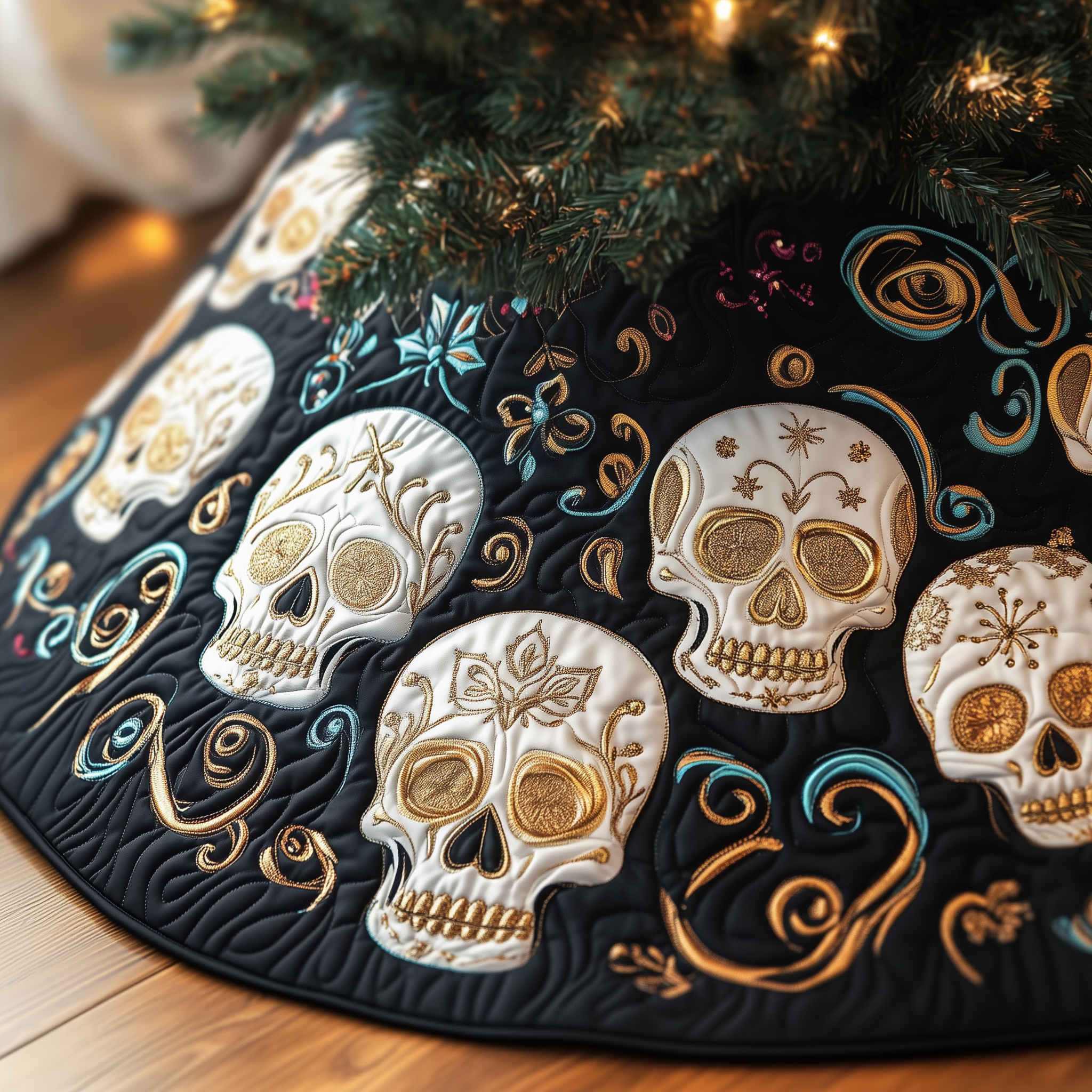 Festive Skull Quilted Tree Skirt Holiday Tree Skirt Must-Have