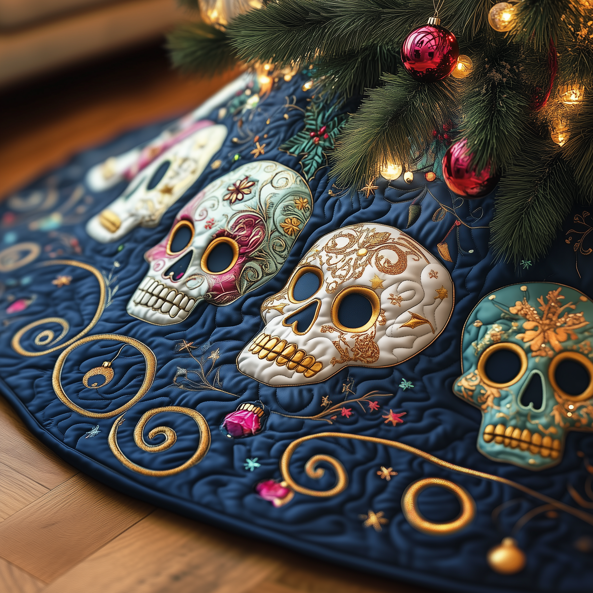 Festive Skull Quilted Tree Skirt Perfect Christmas Gift Merch