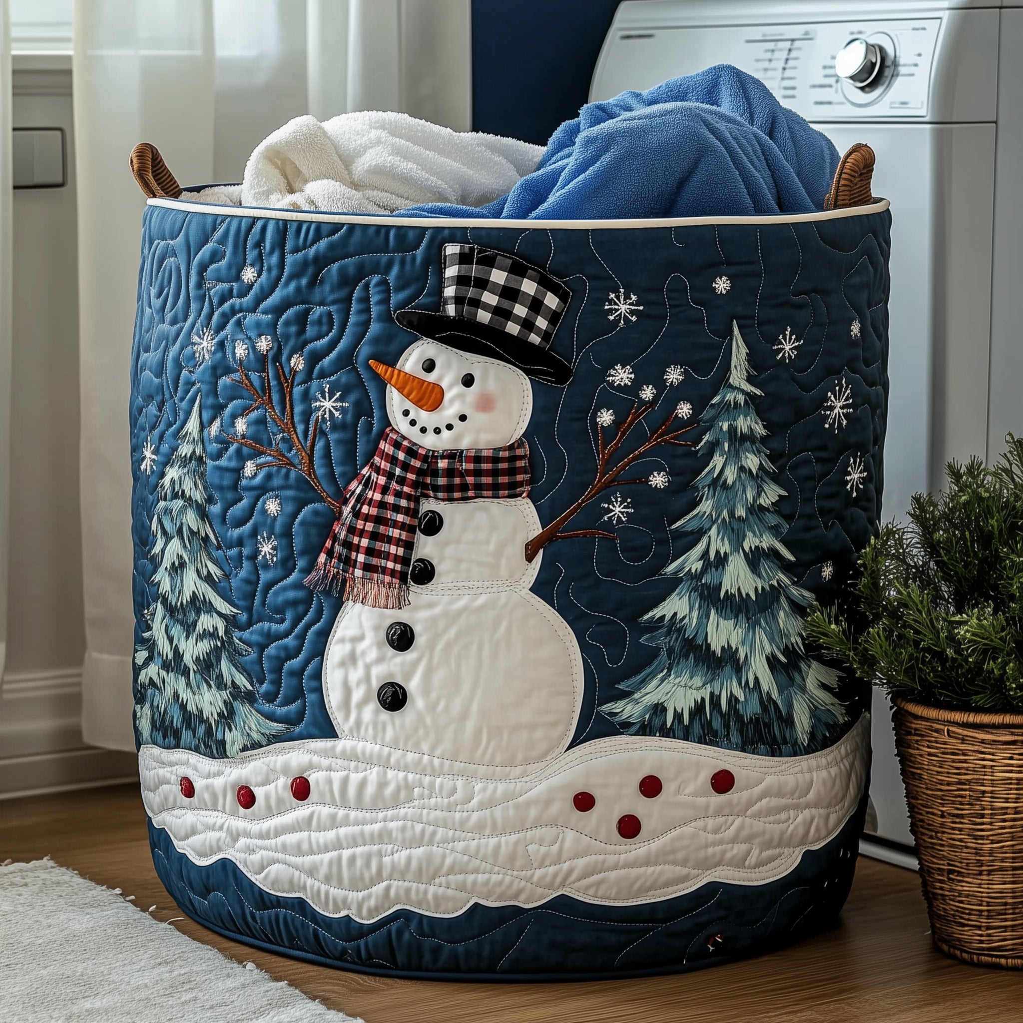 Festive Snowman Quilted Laundry Basket Foldable Fabric Clothes Gift For Snowman Fans