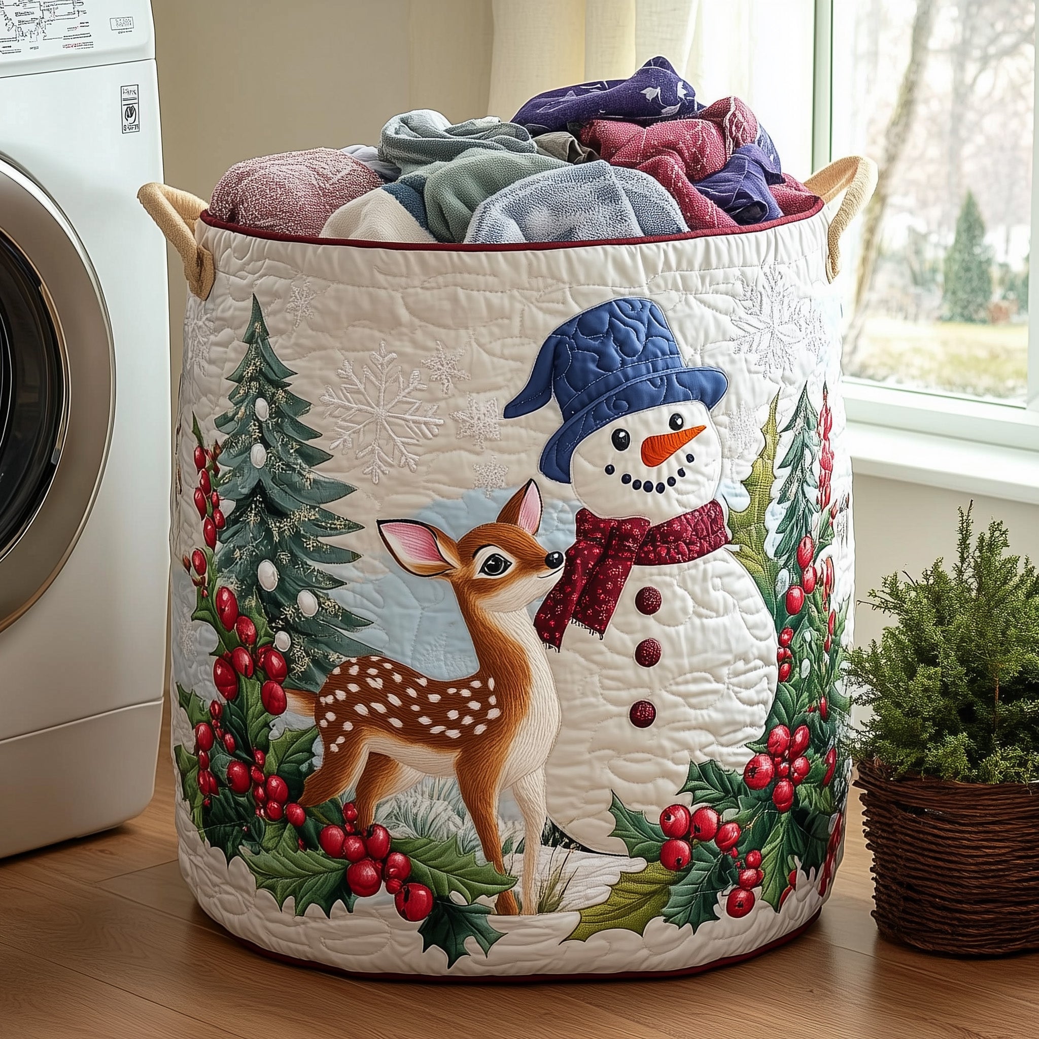 Festive Snowman Quilted Laundry Basket Foldable Fabric Clothes Gift For Xmas Enthusiasts
