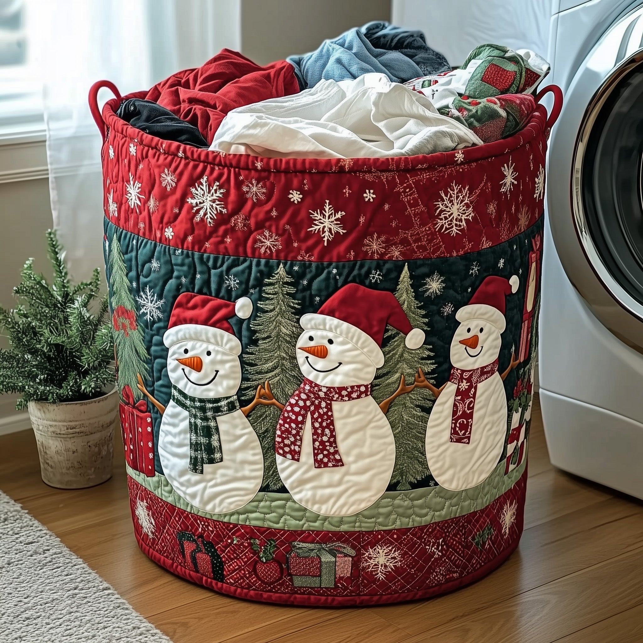 Festive Snowman Quilted Laundry Basket Pretty Christmas Gift For Xmas Enthusiasts