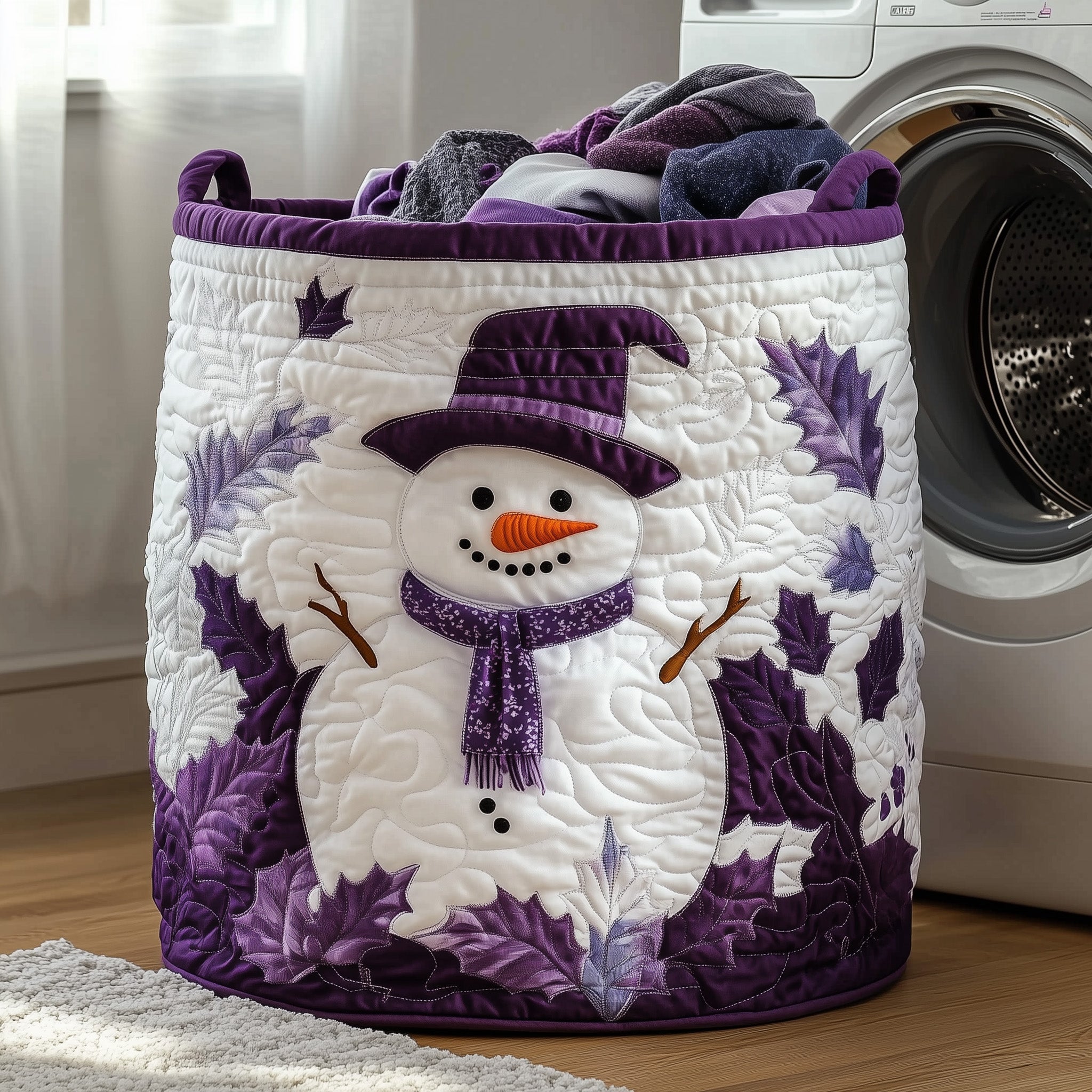 Festive Snowman Quilted Laundry Basket Purple Snowman Gift For Xmas Lovers