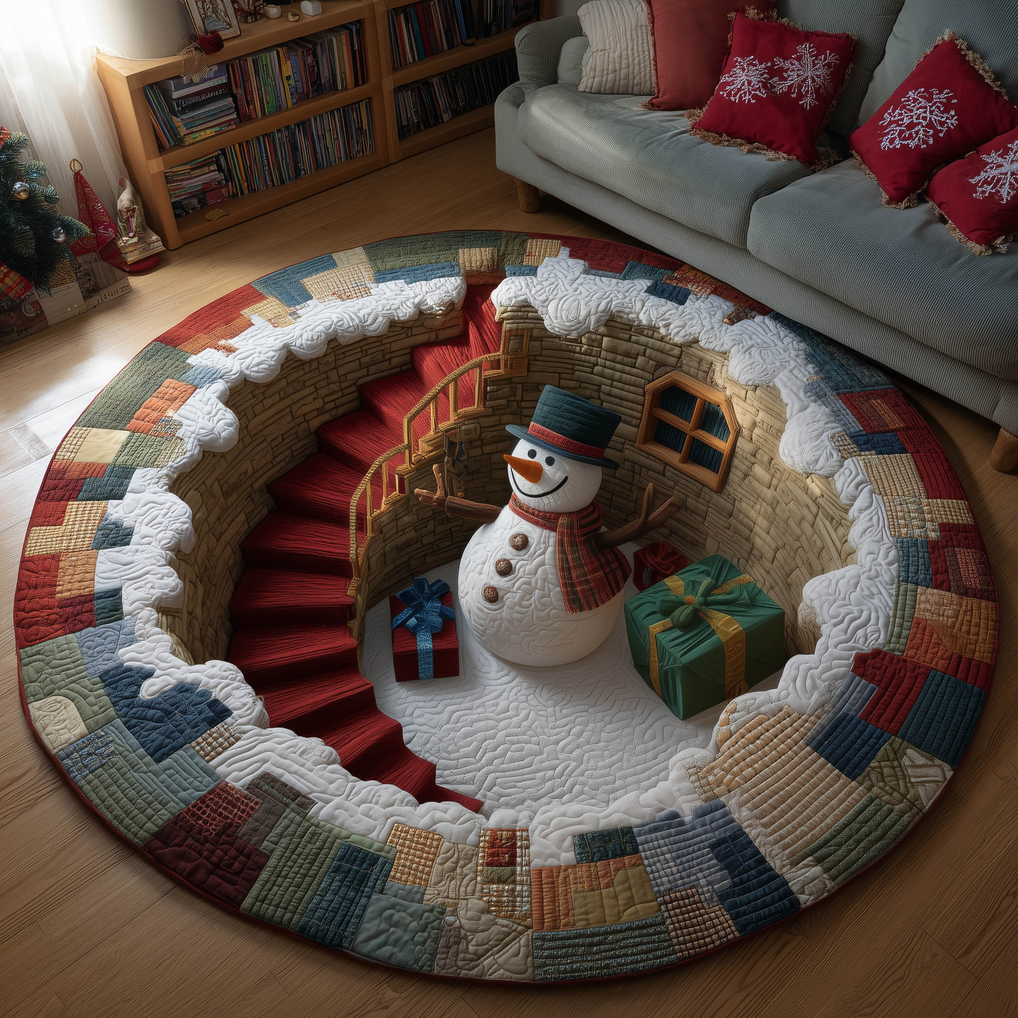 Festive Snowman Quilted Round Mat Soft Cotton Quilted Round Mat for Daily Comfort