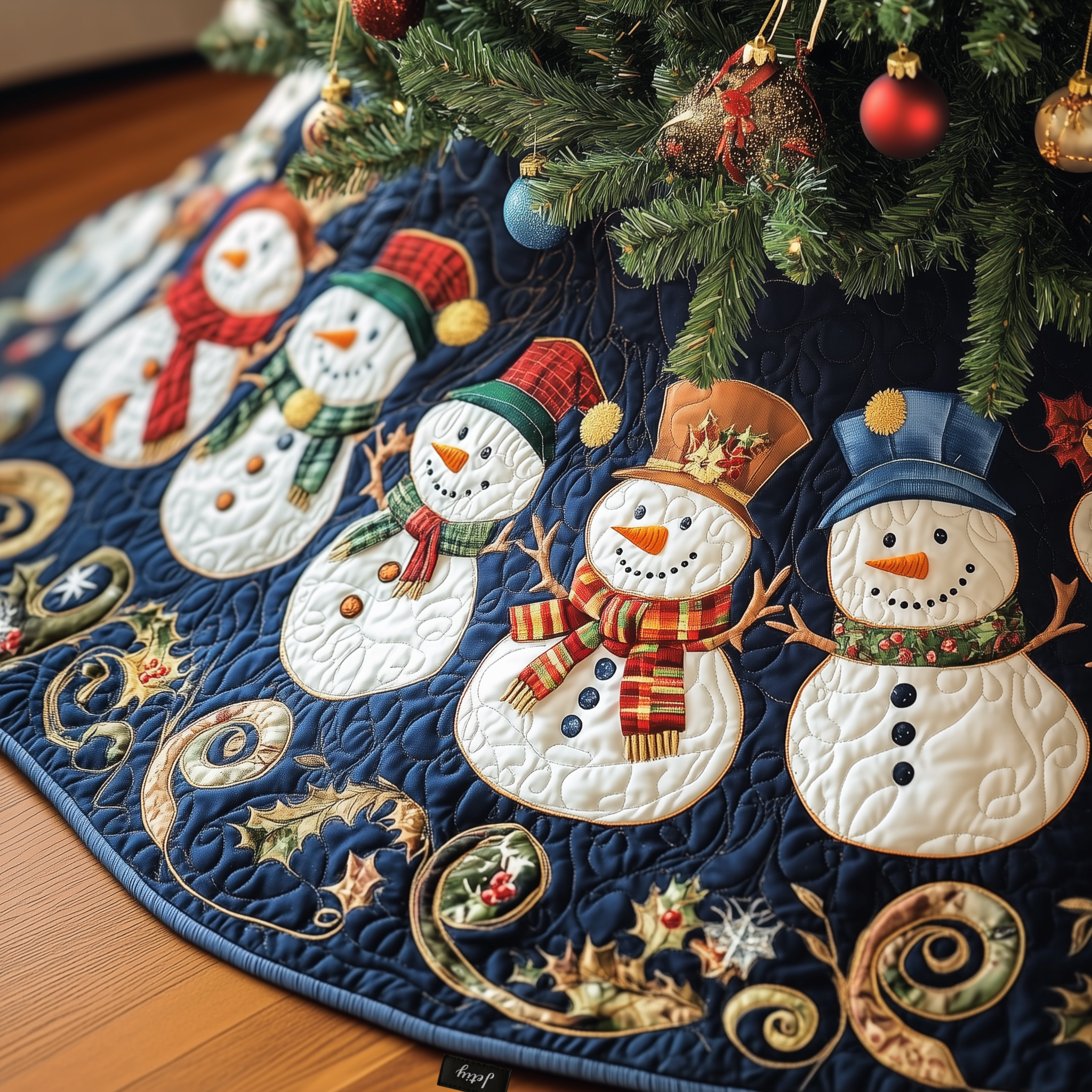 Festive Snowman Quilted Tree Skirt  Holiday Tree Skirt Xmas Decorations Snowman Christmas Presents