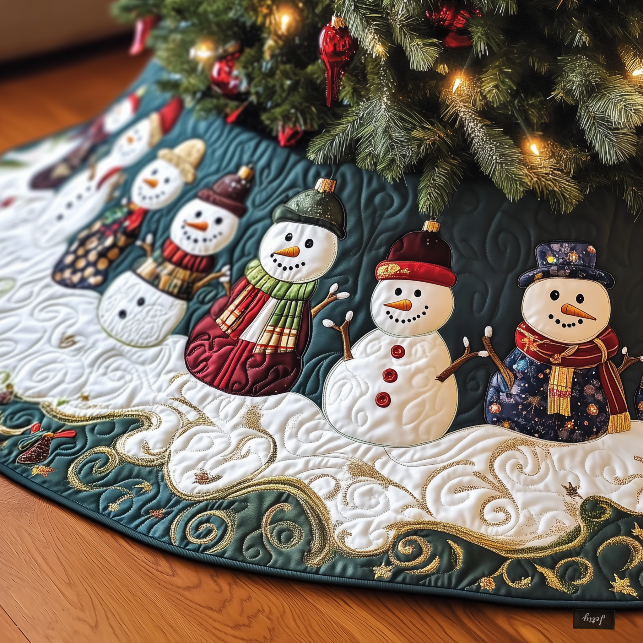 Festive Snowman Quilted Tree Skirt  Holiday Tree Skirt Xmas Decorations Snowman Christmas Presents