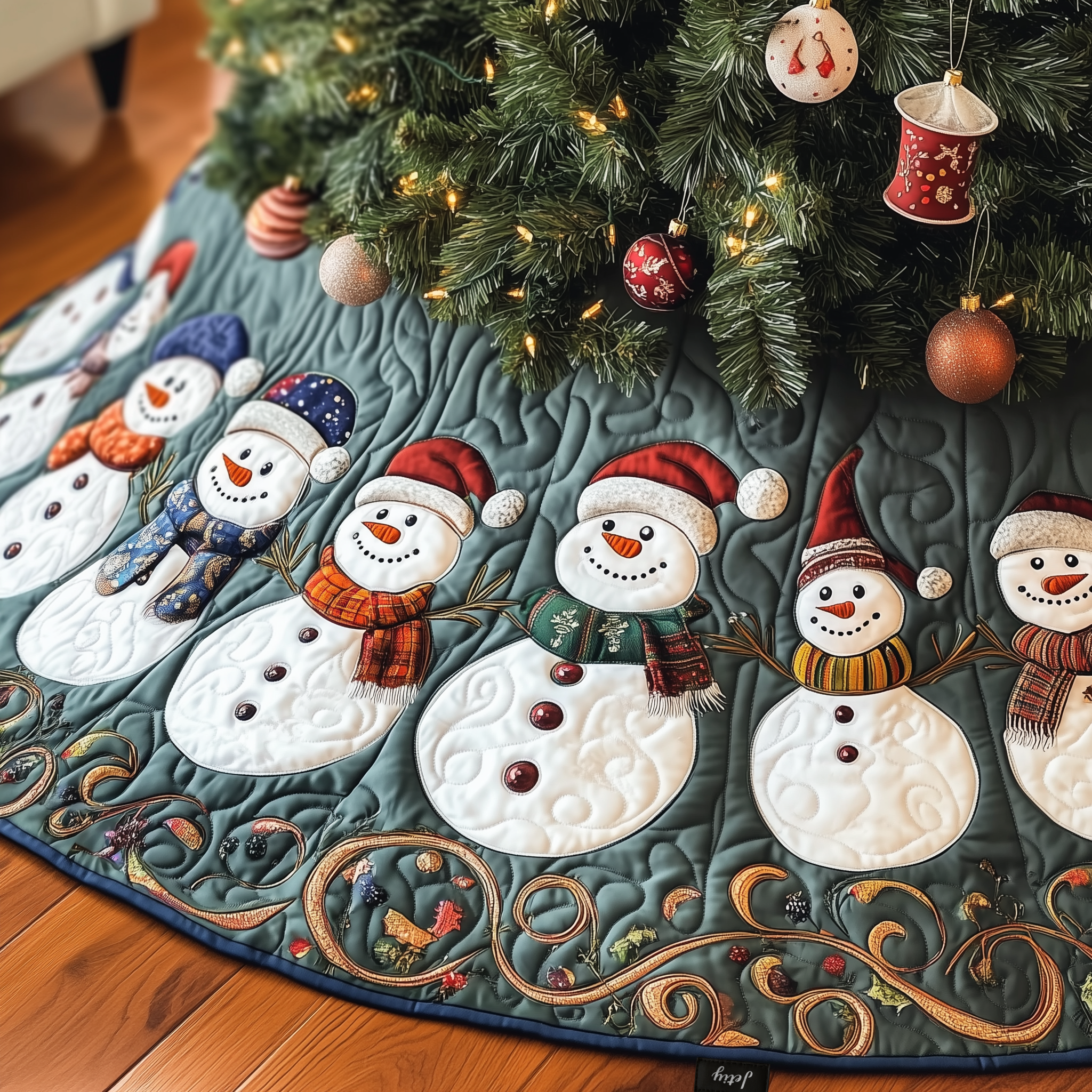 Festive Snowman Quilted Tree Skirt  Holiday Tree Skirt Xmas Decorations Snowman Christmas Presents