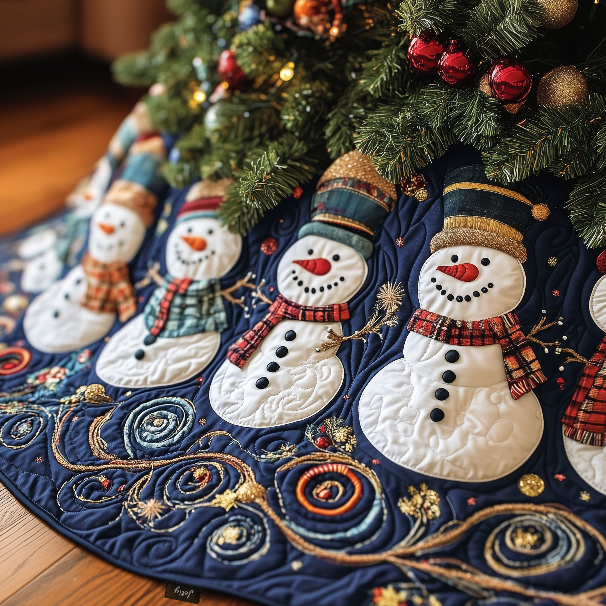 Festive Snowman Quilted Tree Skirt  Holiday Tree Skirt Xmas Decorations Snowman Christmas Presents