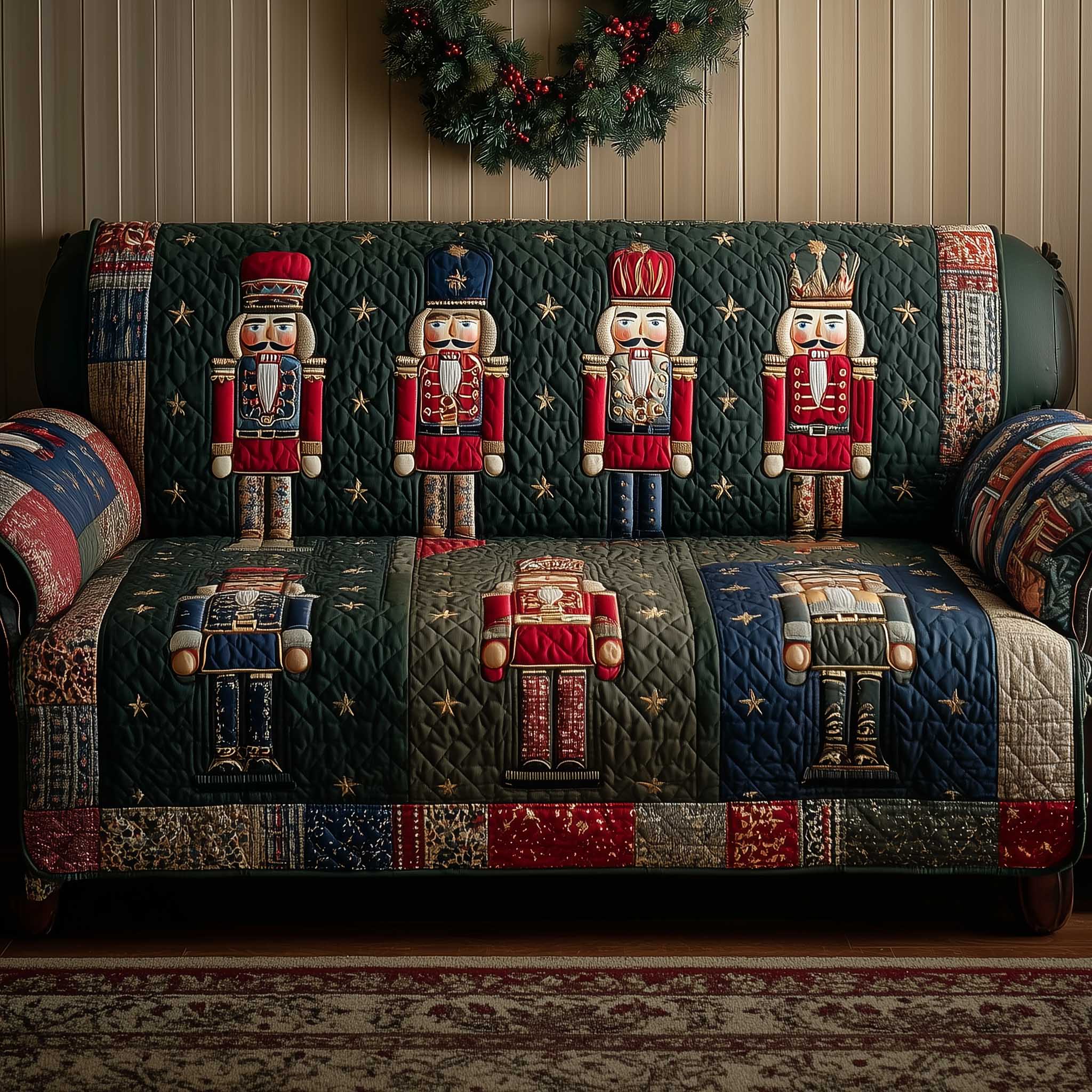 Festive Soldier Quilted Sofa Cover Christmas Toy Soldier Design Unique Nutcracker Gifts