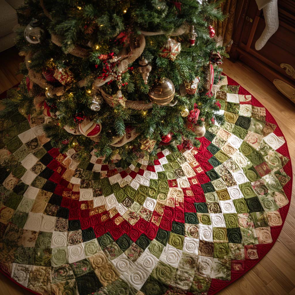 Festive Spiral Christmas Quilted Tree Skirt Adorable Holiday Tree Skirt for Cozy Spaces
