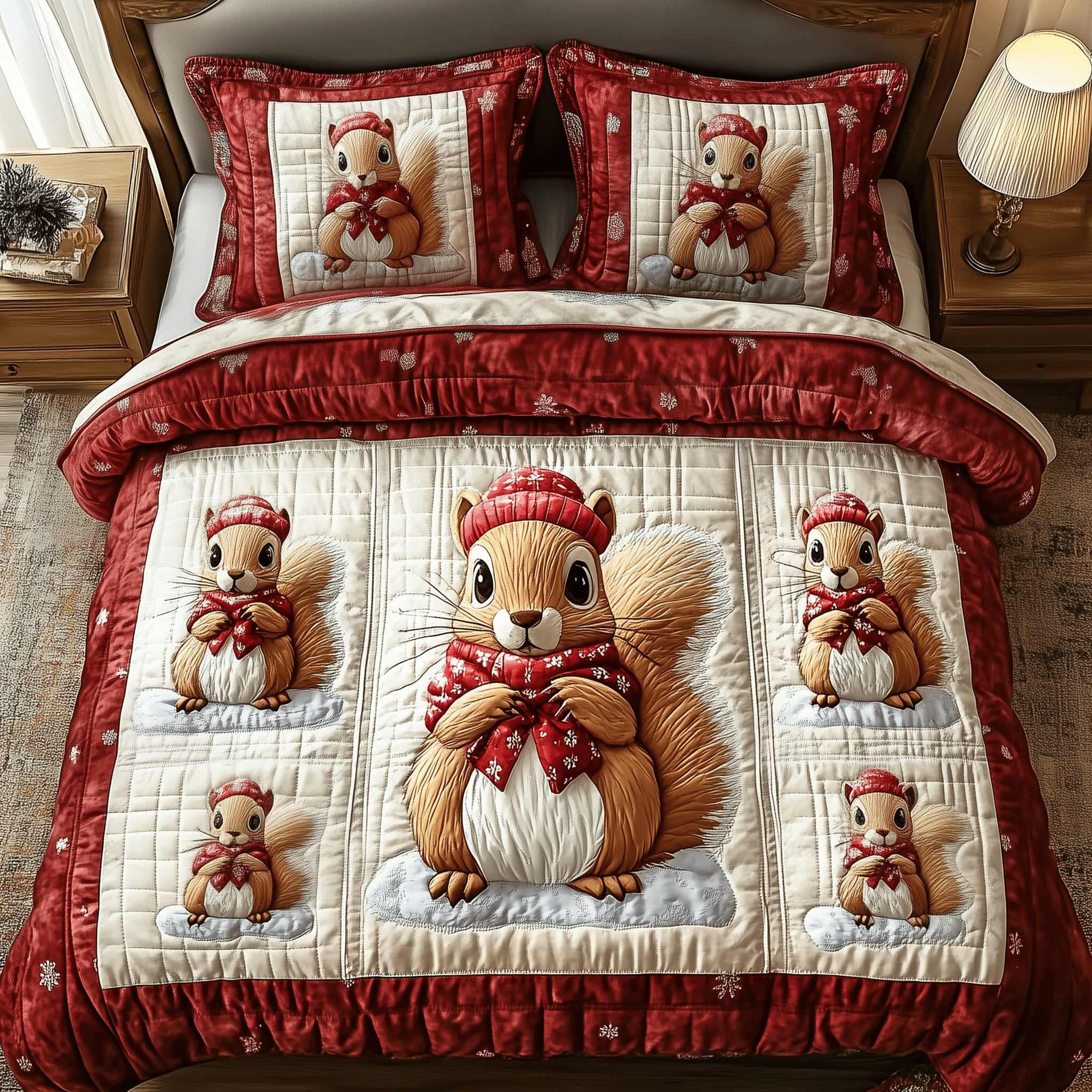 Festive Squirrel Quilted Bedding Set Best Presents For Animal Lovers