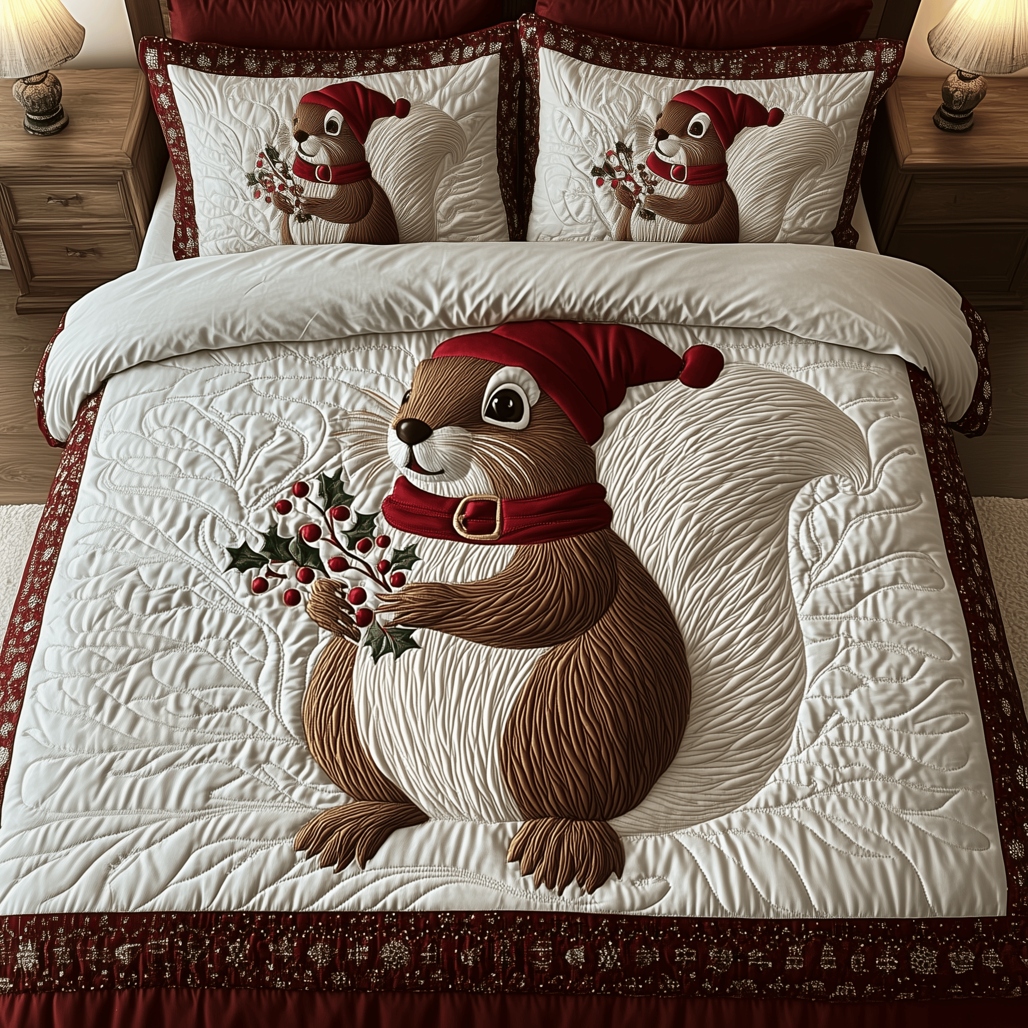 Festive Squirrel Quilted Bedding Set Christmas Gift Ideas 2025