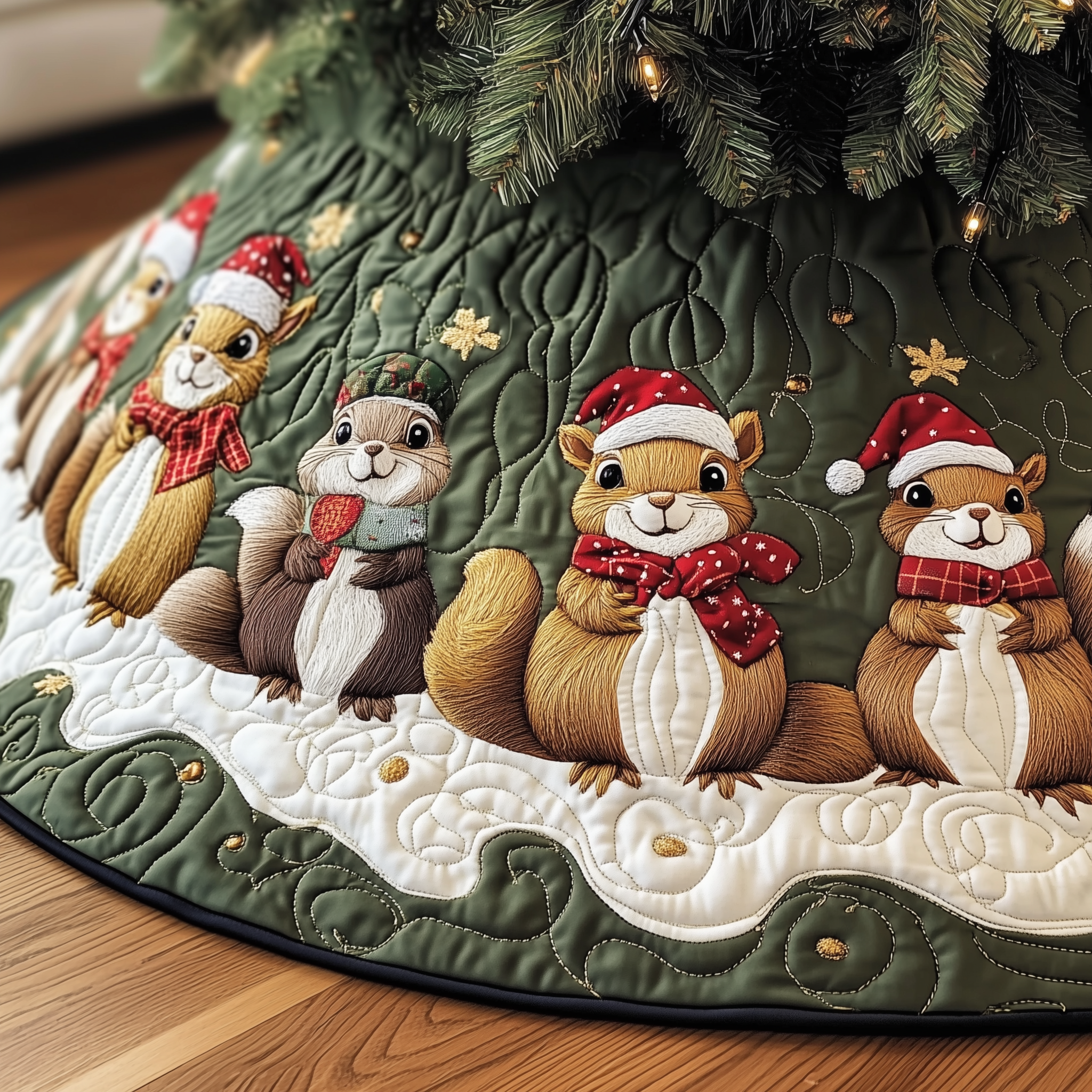 Festive Squirrel Quilted Tree Skirt Heartwarming Family Gathering Merch