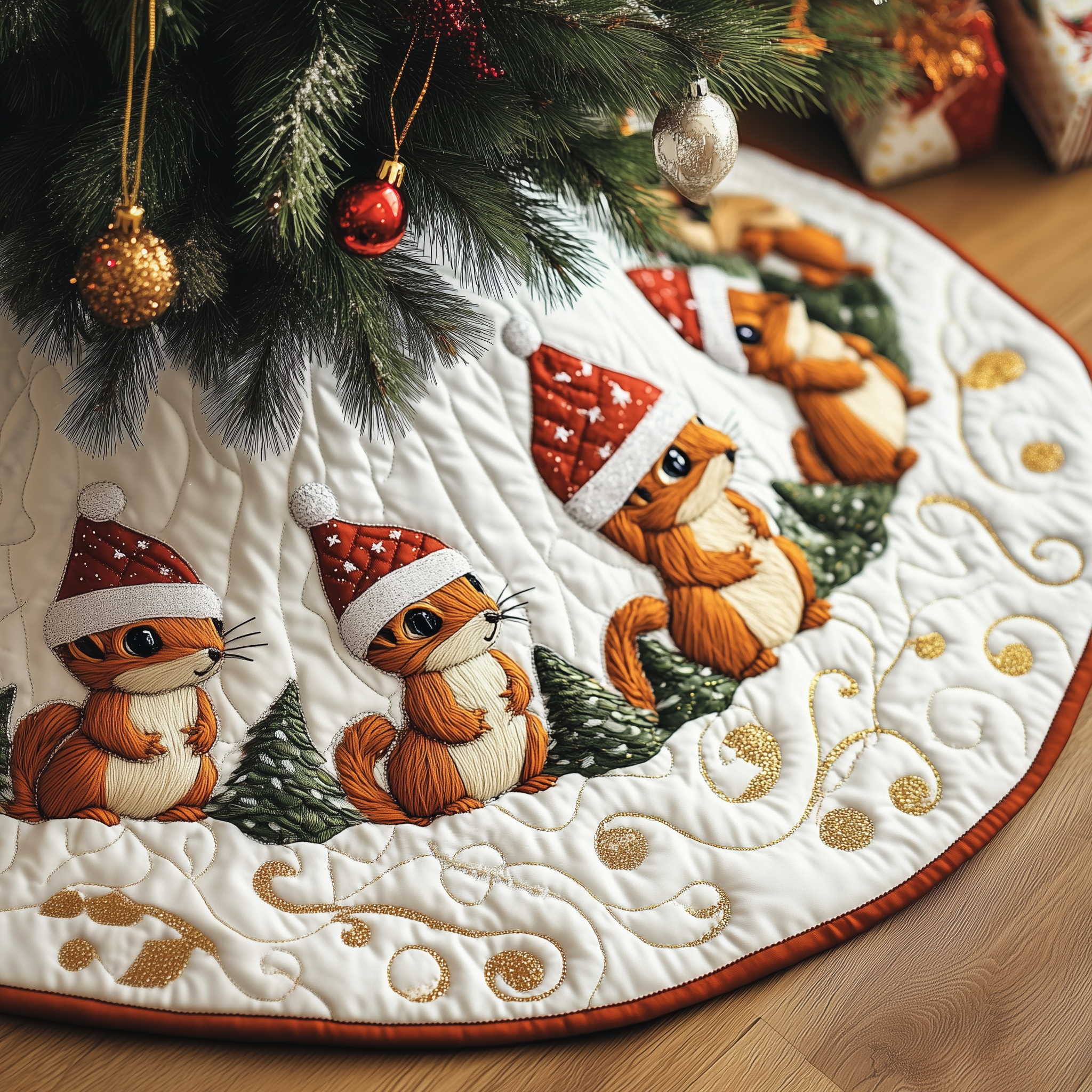 Festive Squirrel Quilted Tree Skirt Joyful Holiday Season Gift Merch