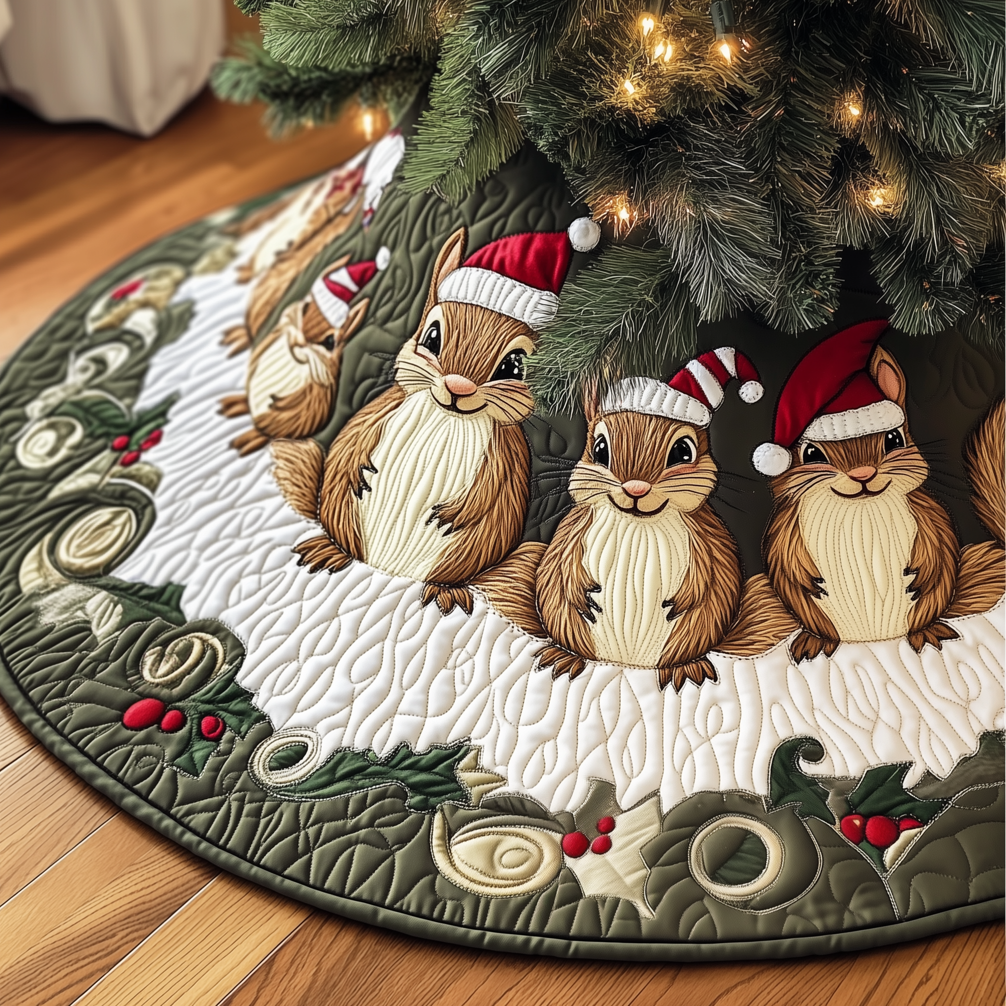 Festive Squirrel Quilted Tree Skirt Thoughtful Gift Merch For Dad