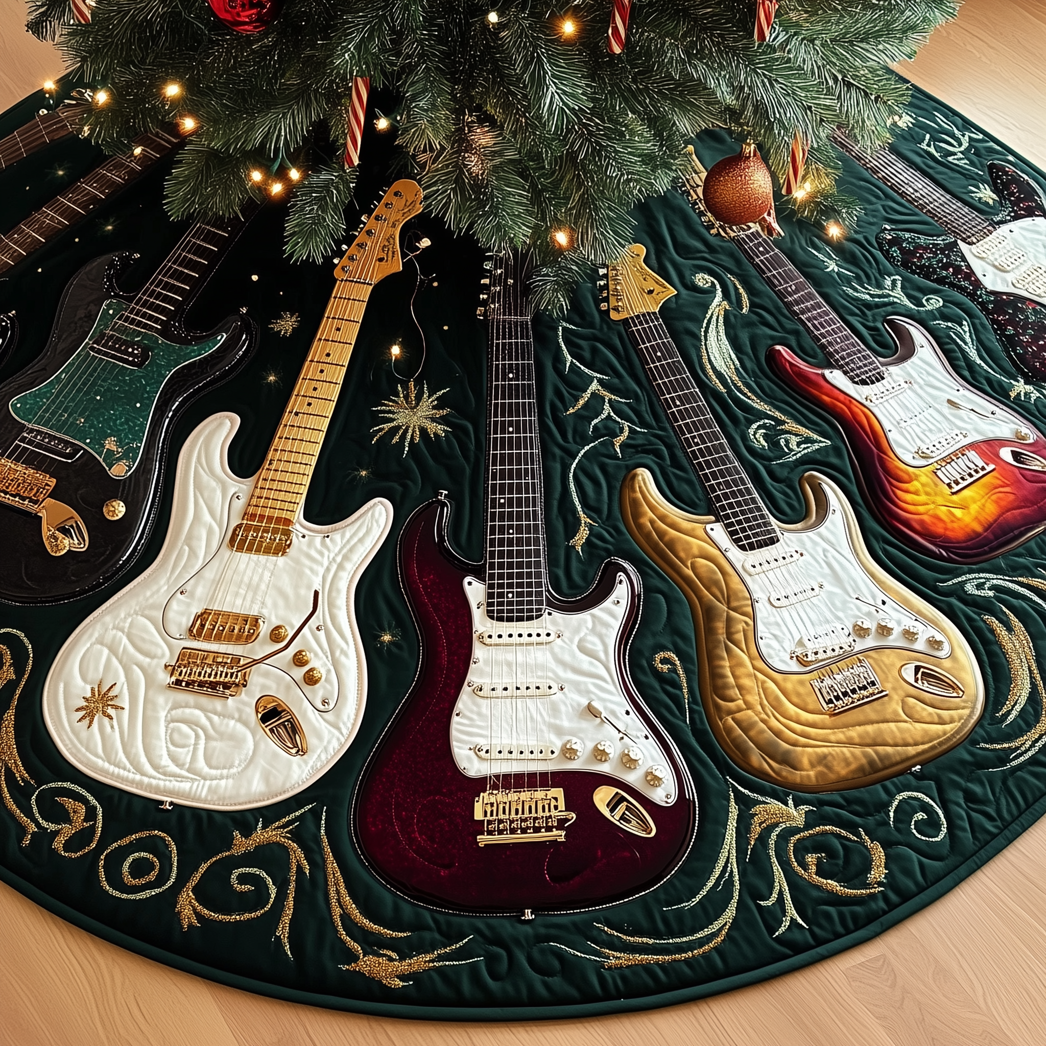 Festive Swirl Guitars Quilted Tree Skirt  Holiday Tree Skirt Xmas Decorations Secret Santa Gifts For Guitarists