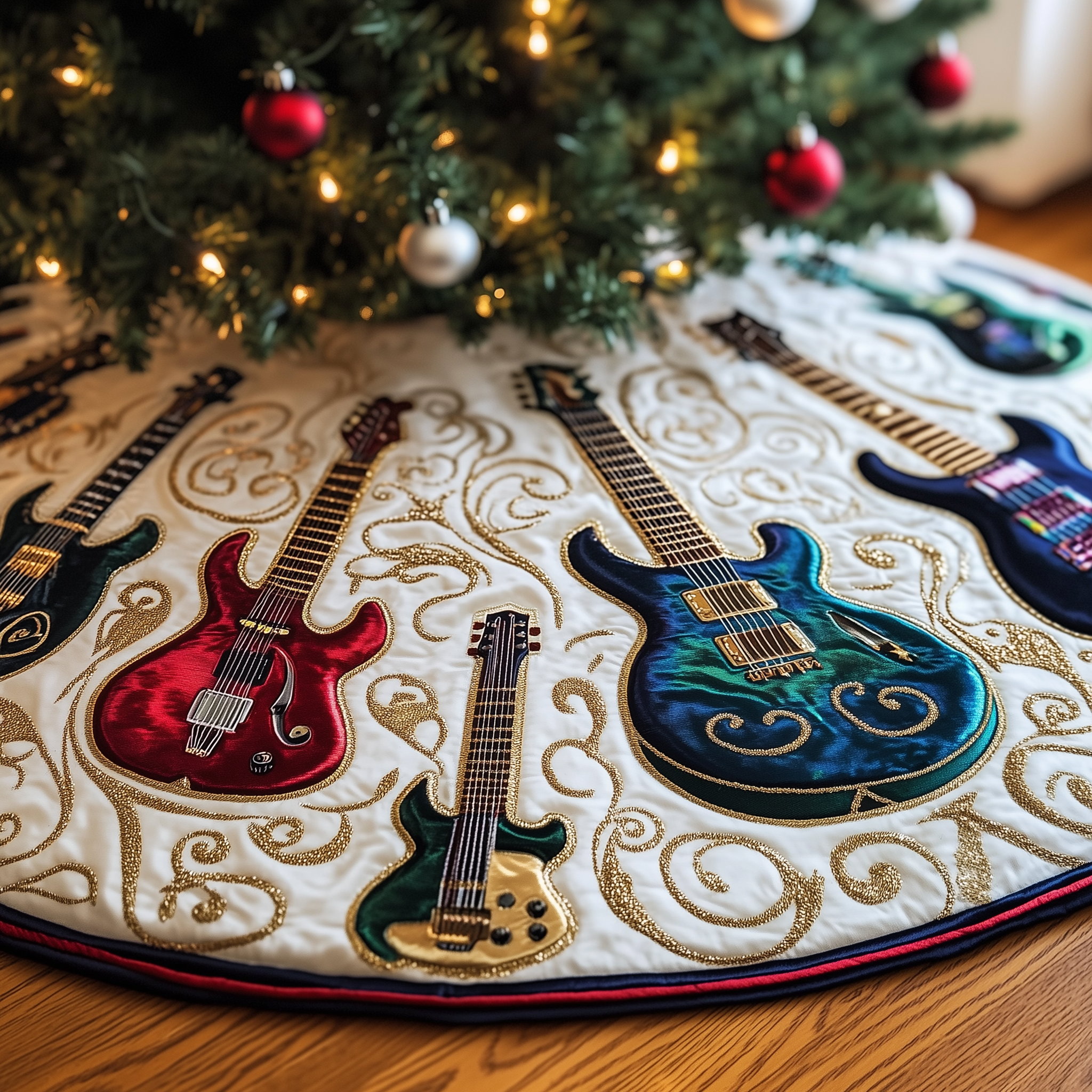 Festive Swirl Guitars Quilted Tree Skirt  Holiday Tree Skirt Xmas Decorations Secret Santa Gifts For Guitarists