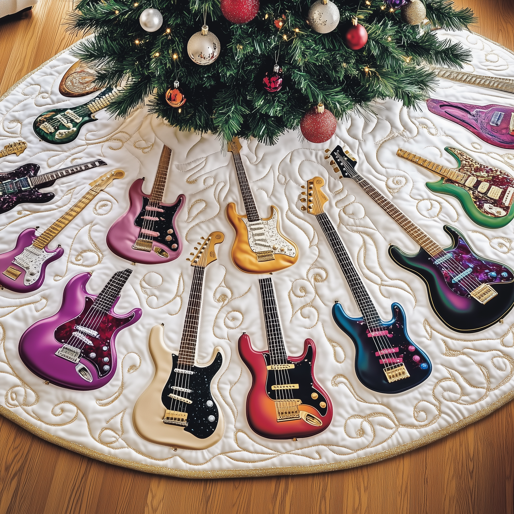 Festive Swirl Guitars Quilted Tree Skirt  Holiday Tree Skirt Xmas Decorations Secret Santa Gifts For Guitarists