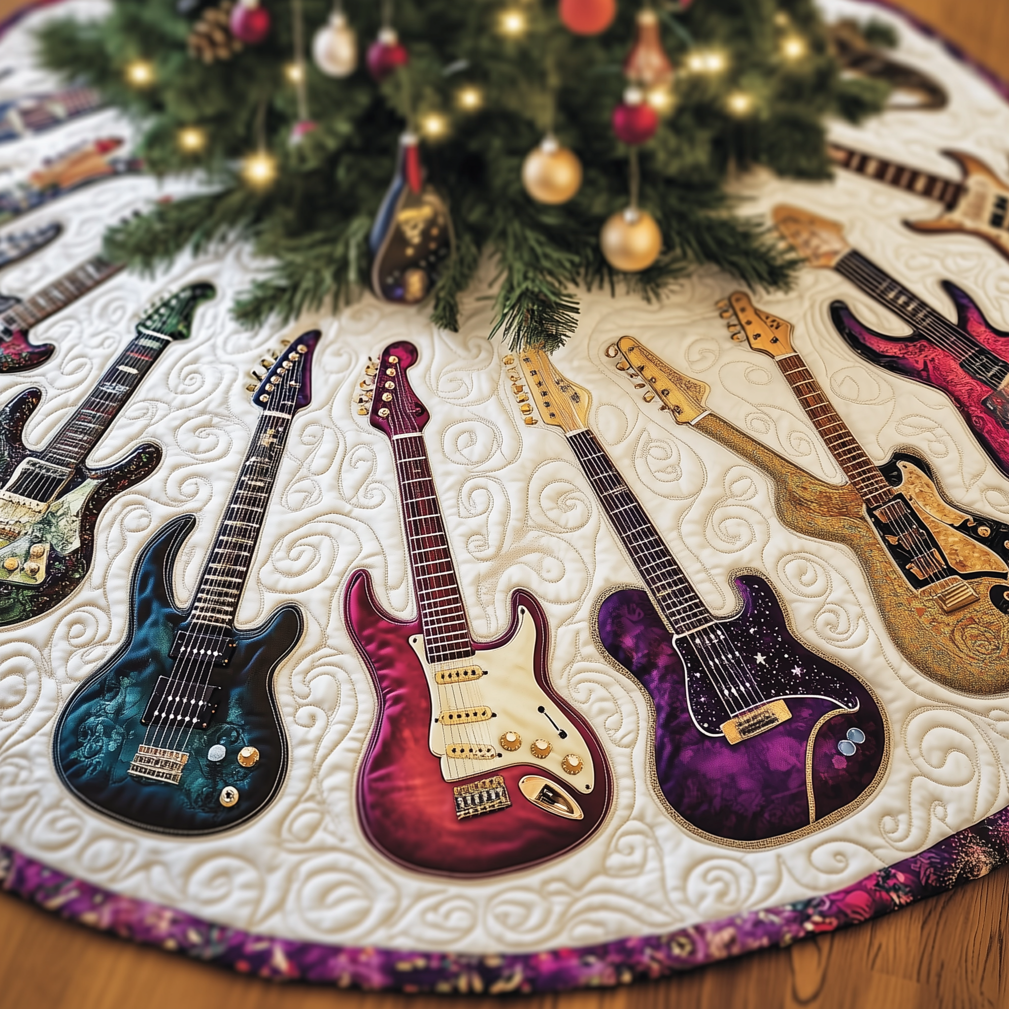 Festive Swirl Guitars Quilted Tree Skirt  Holiday Tree Skirt Xmas Decorations Secret Santa Gifts For Guitarists