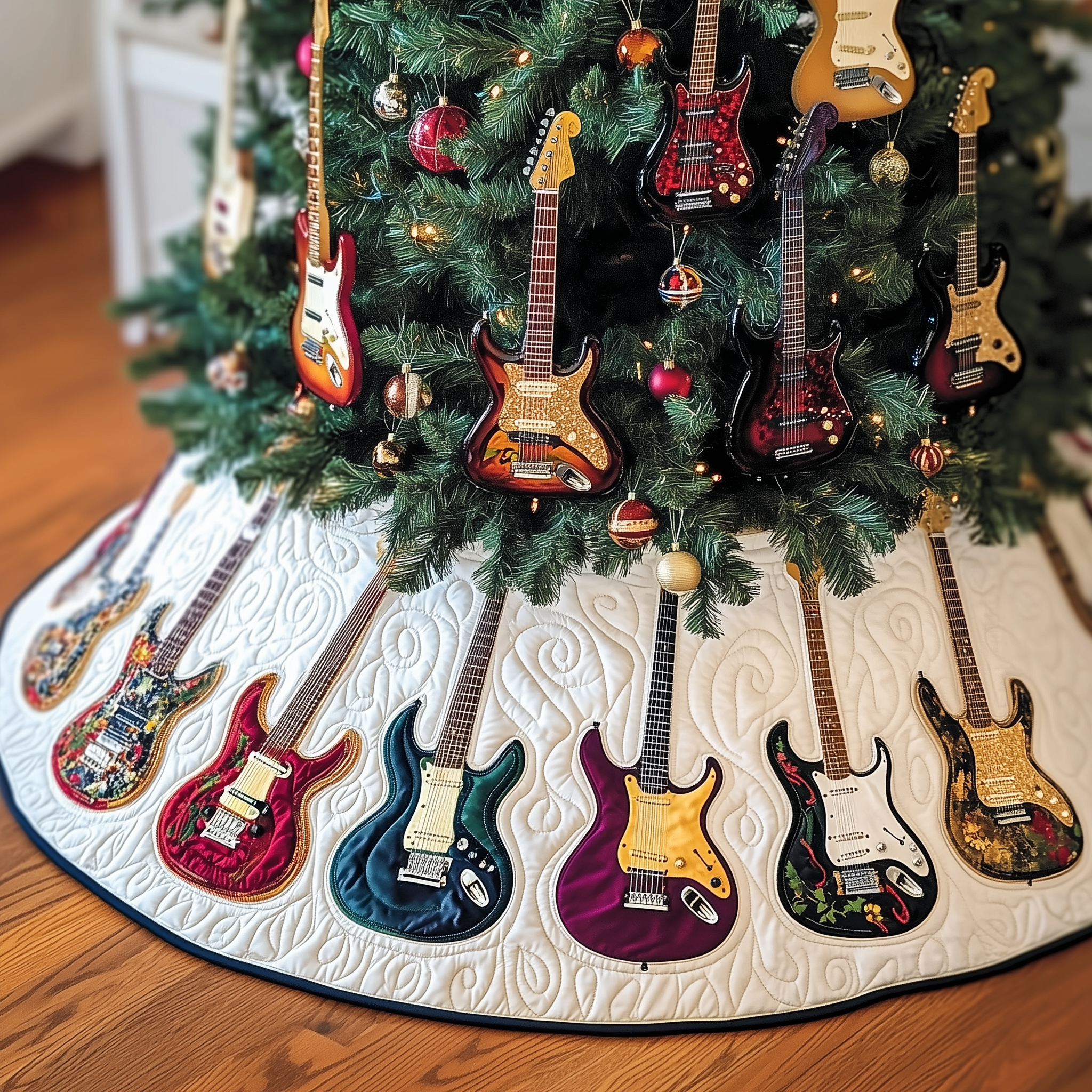 Festive Swirl Guitars Quilted Tree Skirt  Holiday Tree Skirt Xmas Decorations Secret Santa Gifts For Guitarists