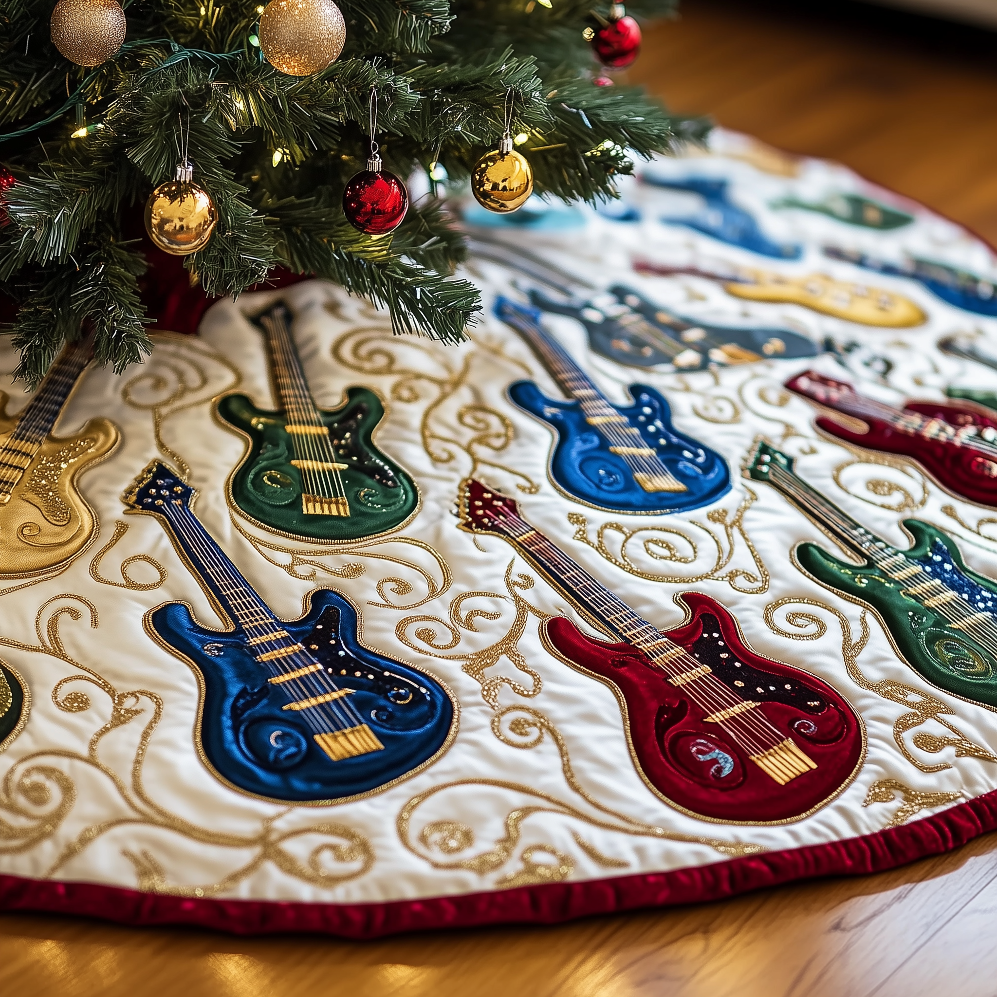 Festive Swirl Guitars Quilted Tree Skirt Lovely Gift Merch For Couples