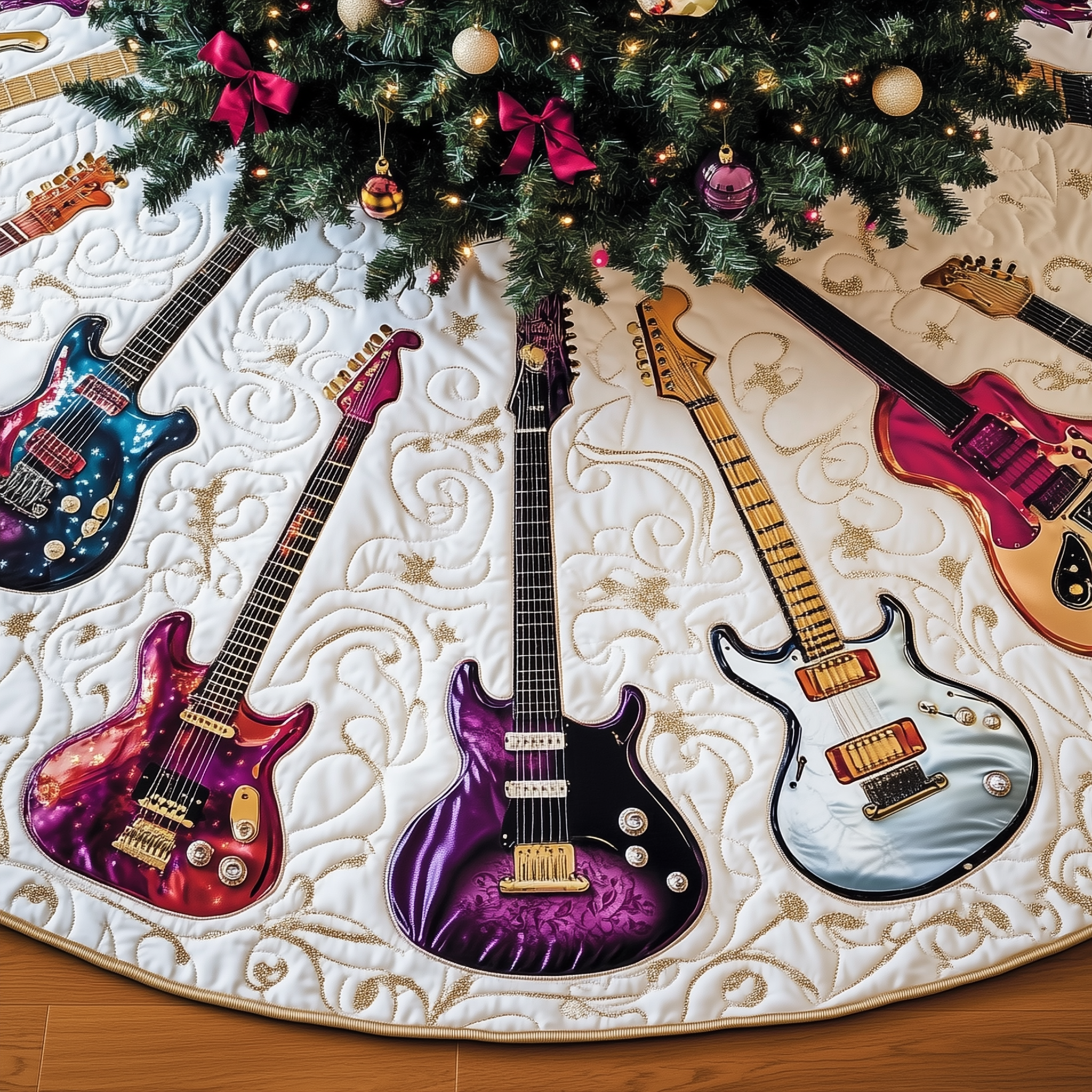 Festive Swirl Guitars Quilted Tree Skirt Warm Gift Merch For Family