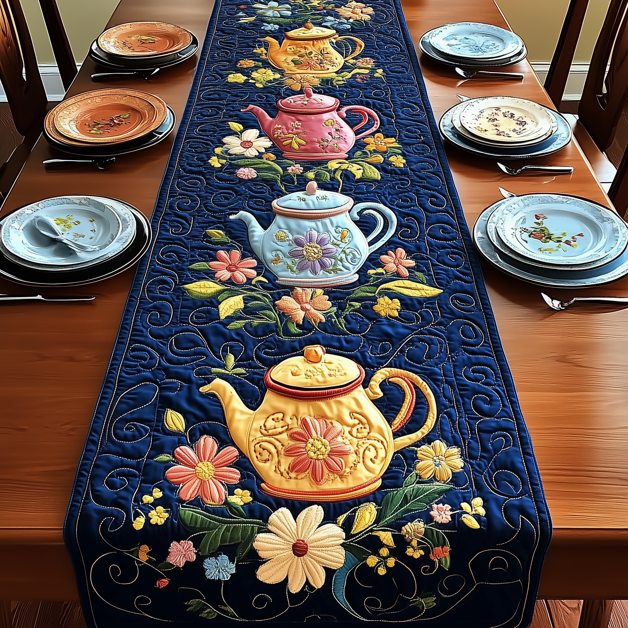 Festive Teapot Quilted Table Runner Decorations  Christmas Gifts For Tea Drinkers