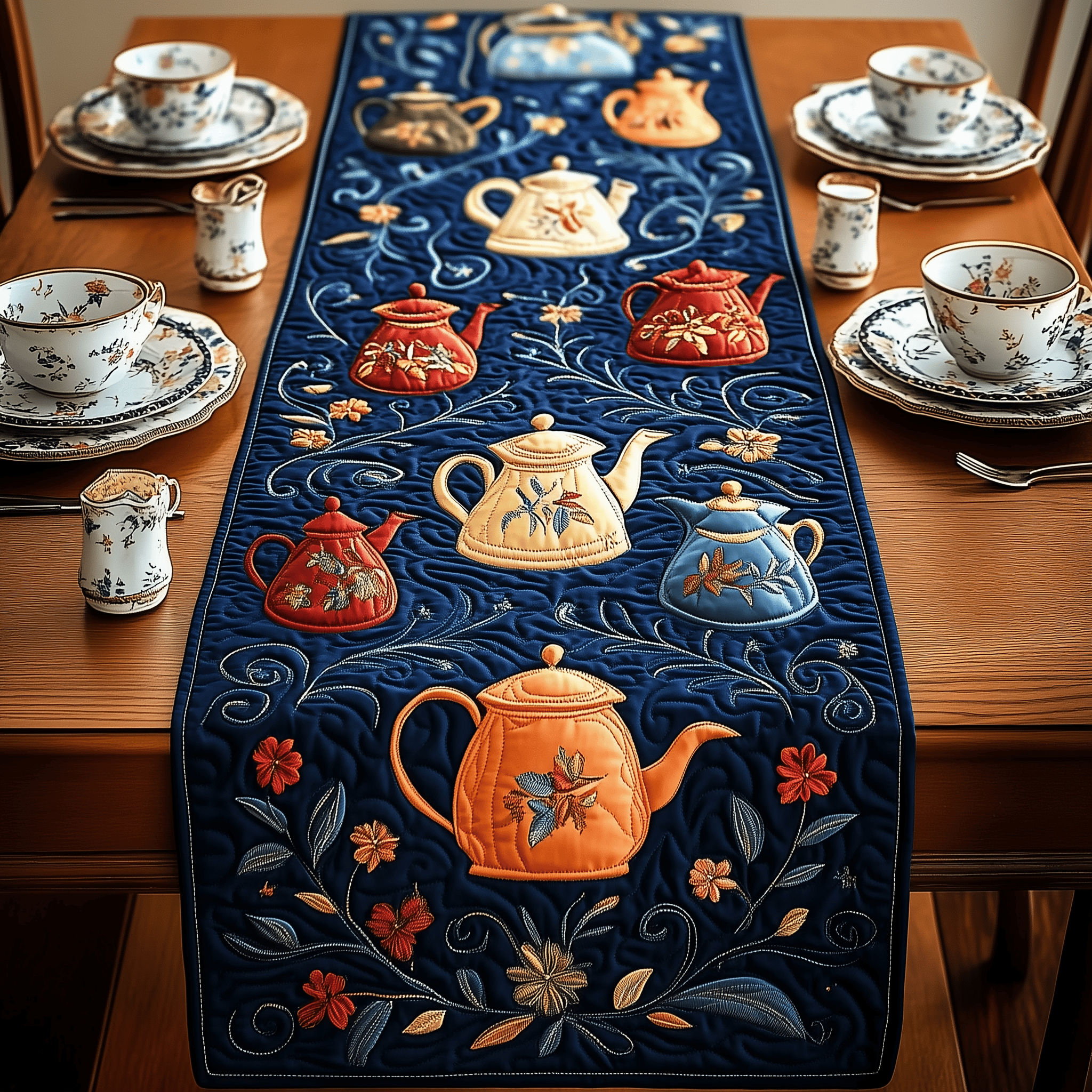 Festive Teapot Quilted Table Runner Decorations  Christmas Gifts For Tea Drinkers