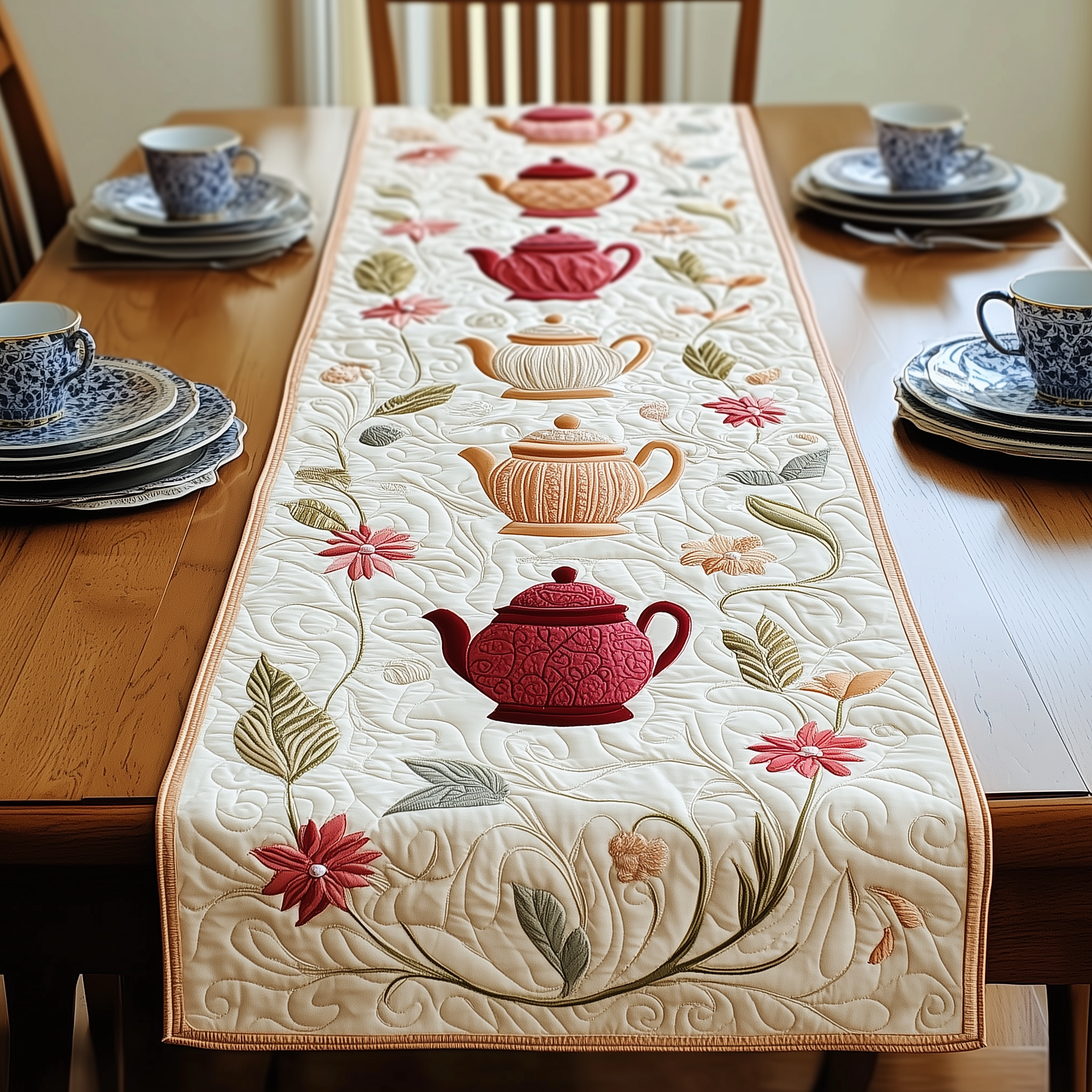 Festive Teapot Quilted Table Runner Decorations  Christmas Gifts For Tea Drinkers