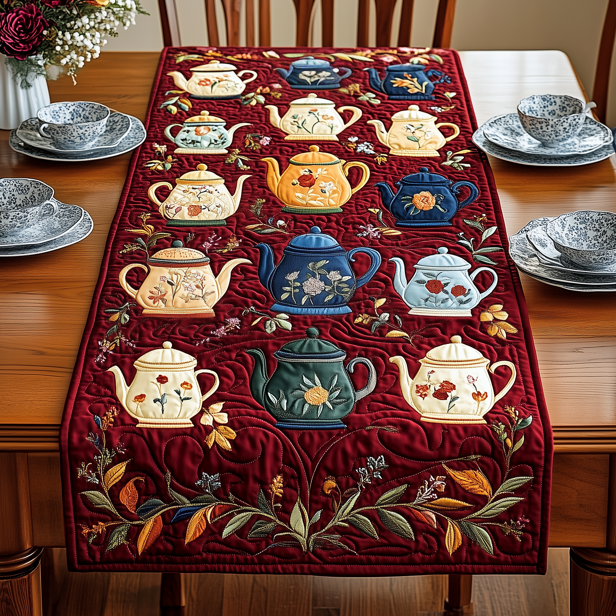 Festive Teapot Quilted Table Runner Decorations  Christmas Gifts For Tea Drinkers For Dad