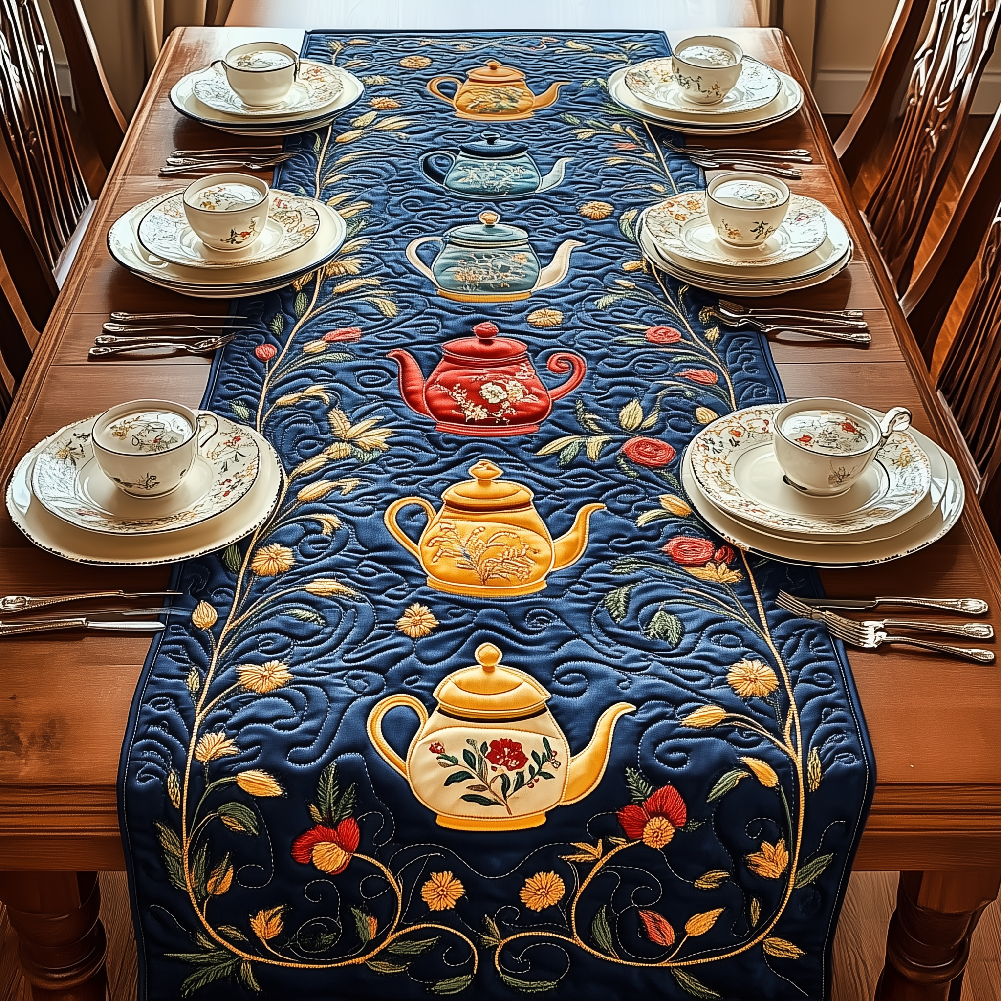 Festive Teapot Quilted Table Runner House Decorations Christmas Presents For Tea Lovers