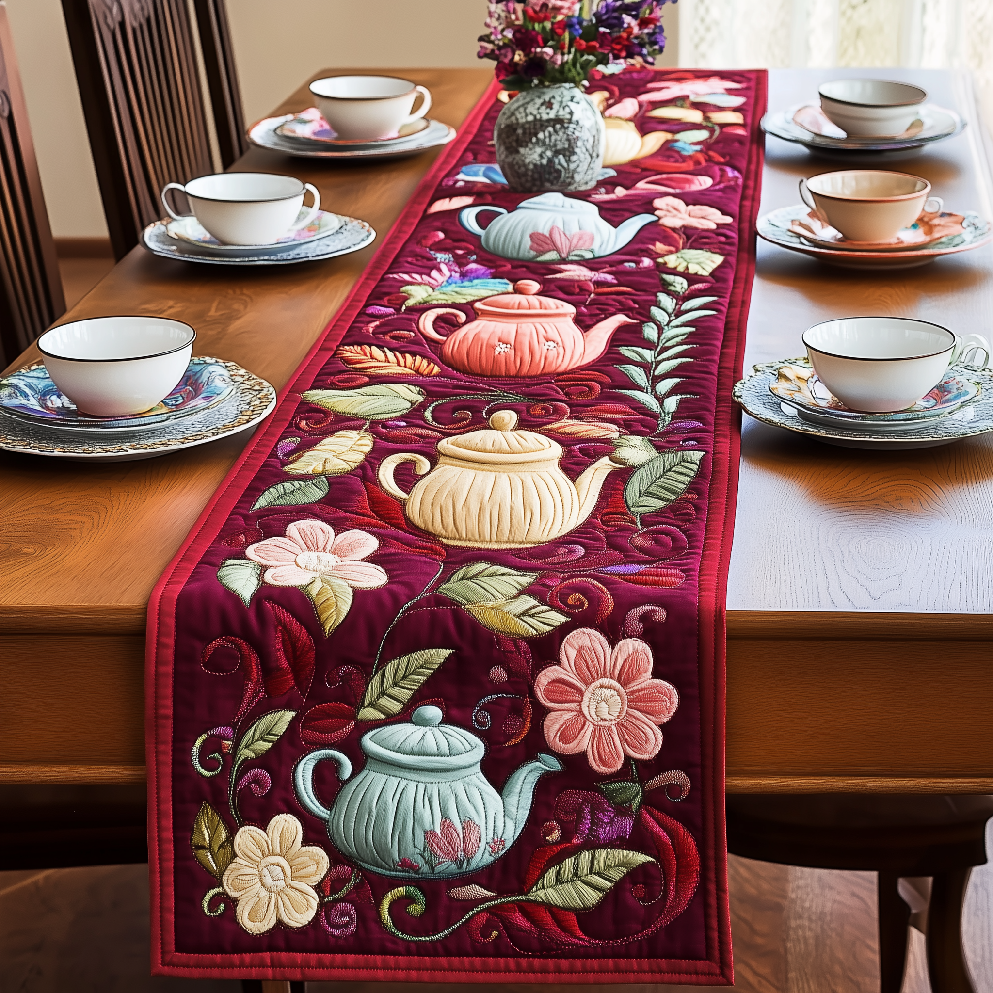 Festive Teapot Quilted Table Runner Indoor Decorations Christmas Presents For Tea Lovers