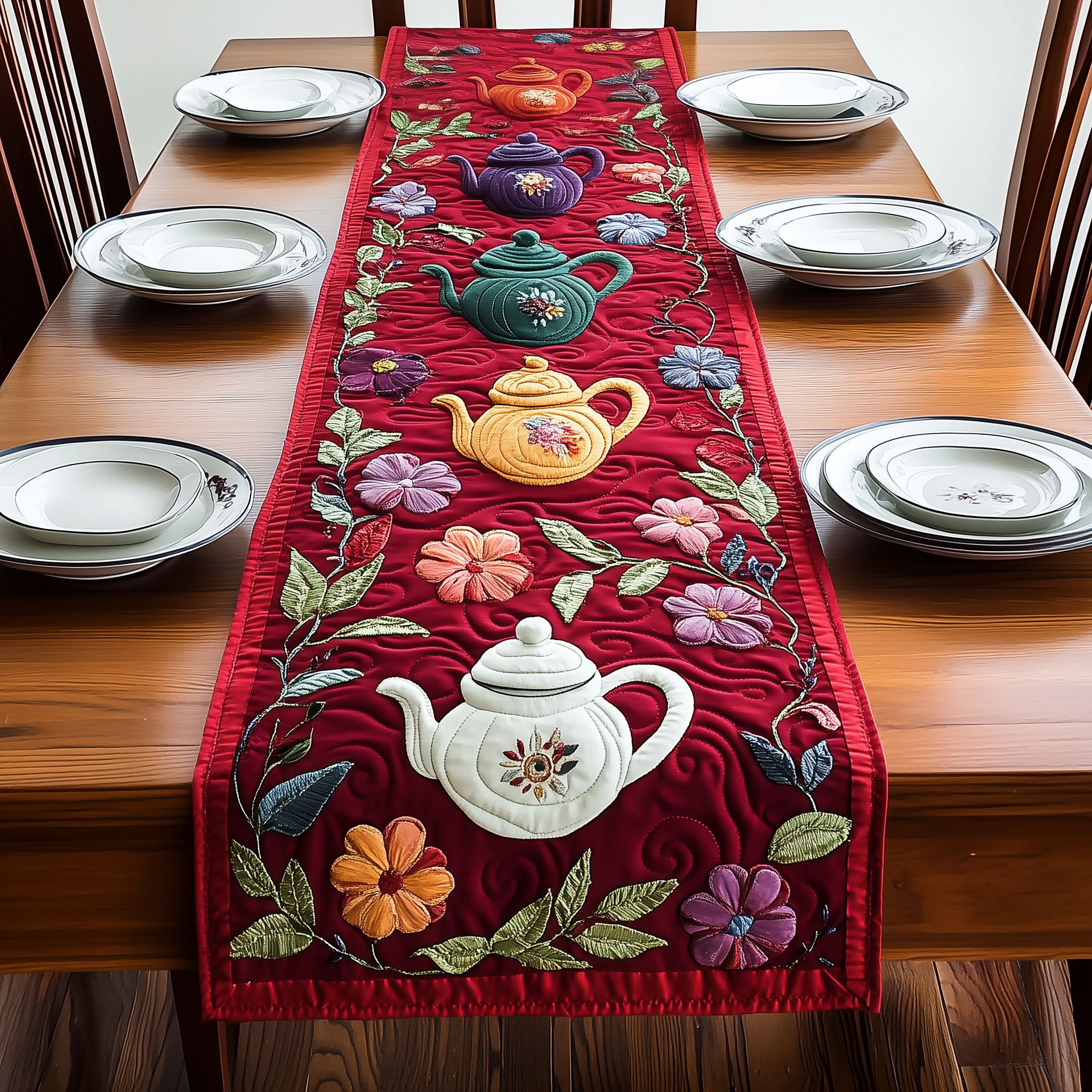 Festive Teapot Quilted Table Runner Indoor Decorations Christmas Presents For Tea Lovers