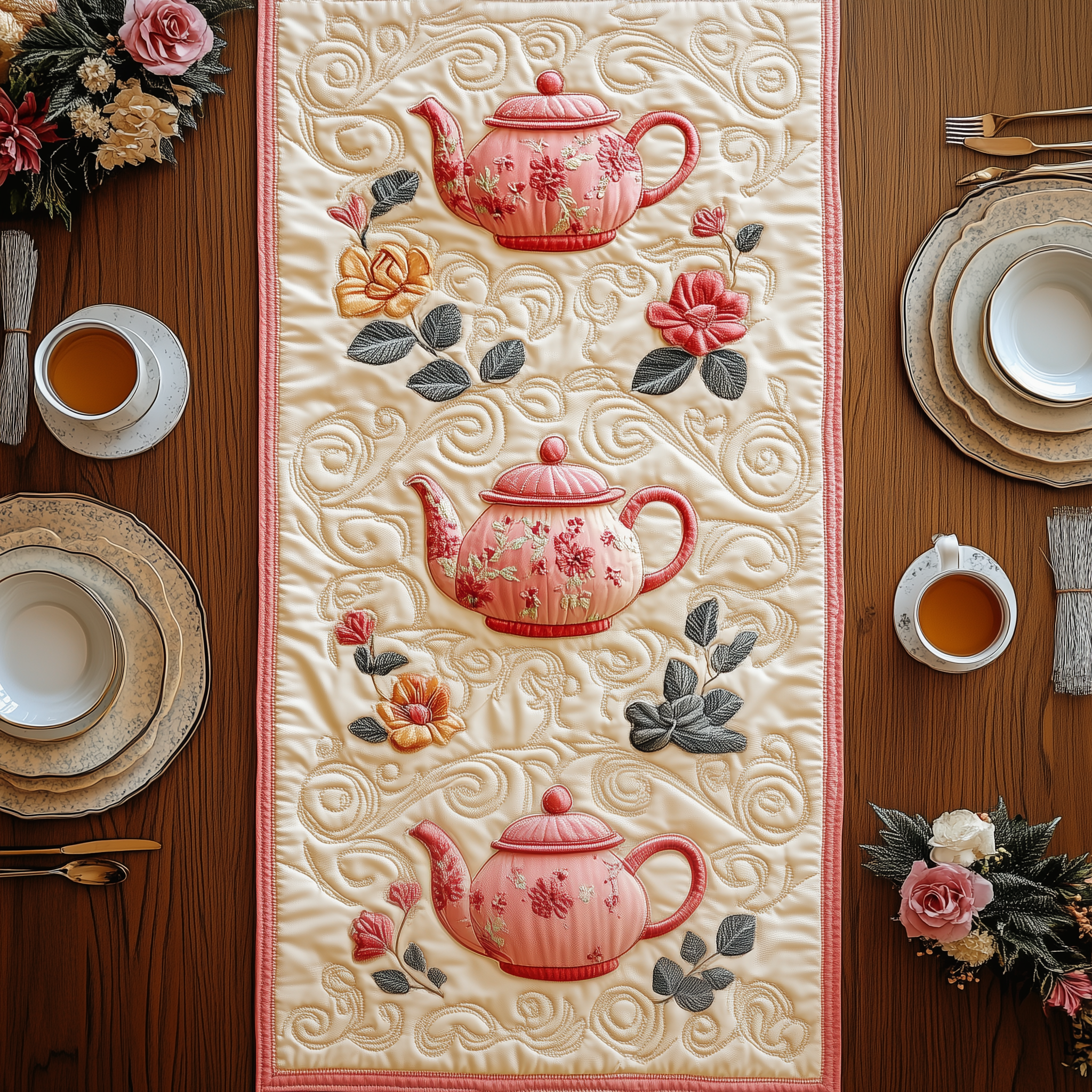 Festive Teapot Quilted Table Runner Indoor Decorations Christmas Presents For Tea Lovers