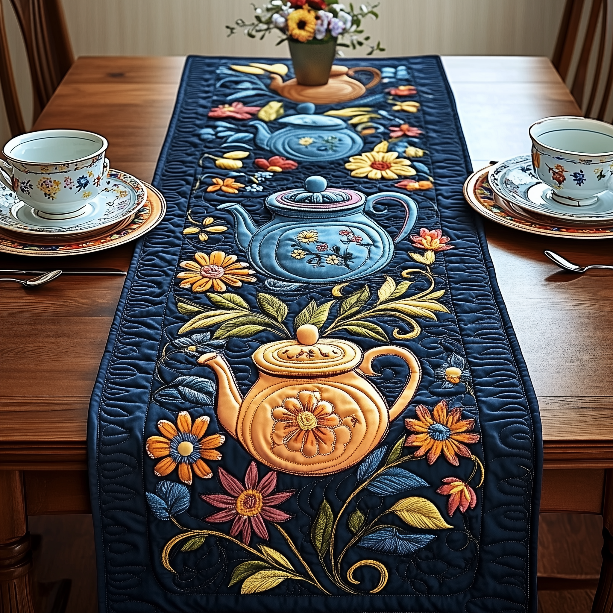 Festive Teapot Quilted Table Runner Item Decorations  Christmas Gifts For Tea Drinkers