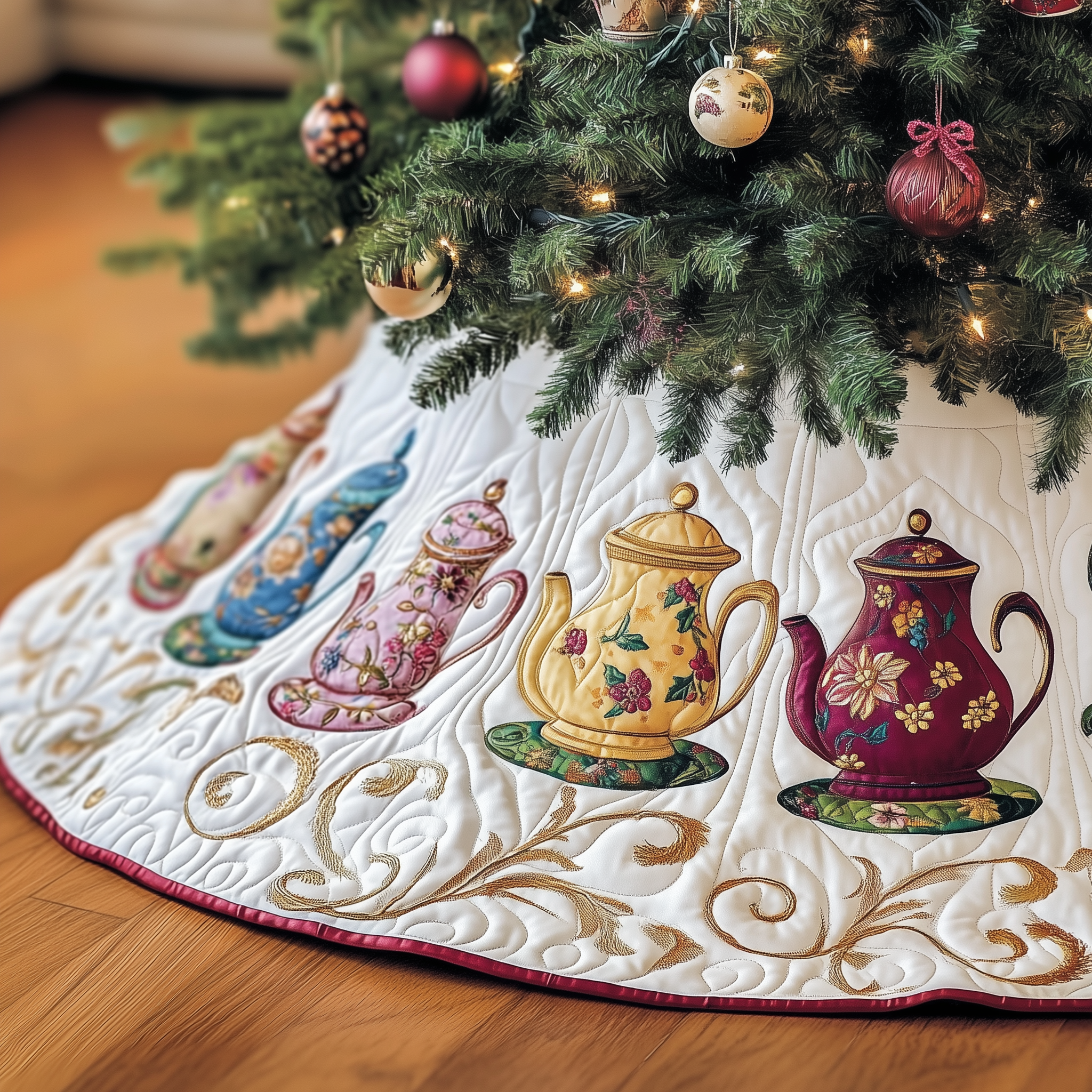 Festive Teapot Quilted Tree Skirt Best New Year Gift Merch