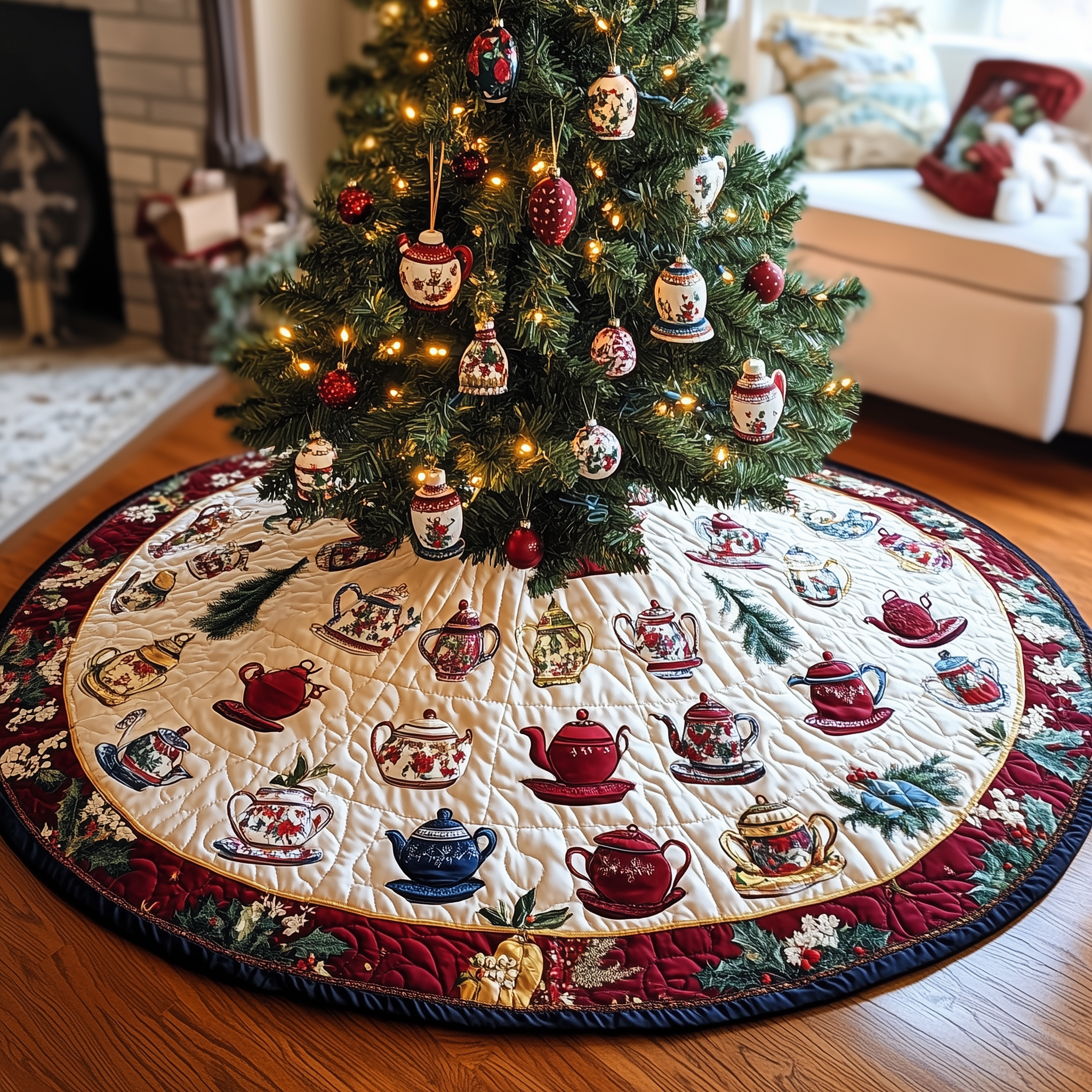 Festive Teapot Quilted Tree Skirt Charming Tree Skirt Gift Idea