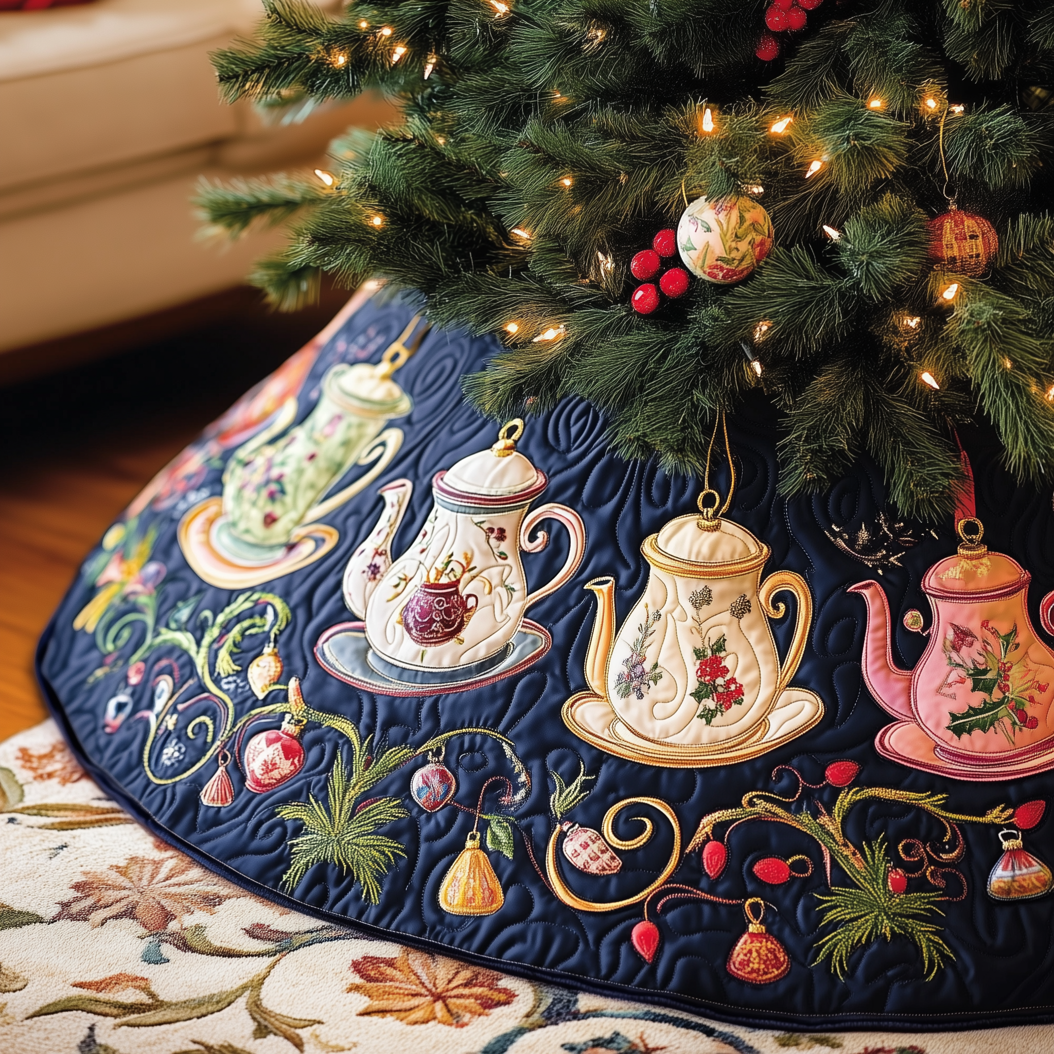Festive Teapot Quilted Tree Skirt Christmas Tree Skirt Best Christmas Gifts For Grandma