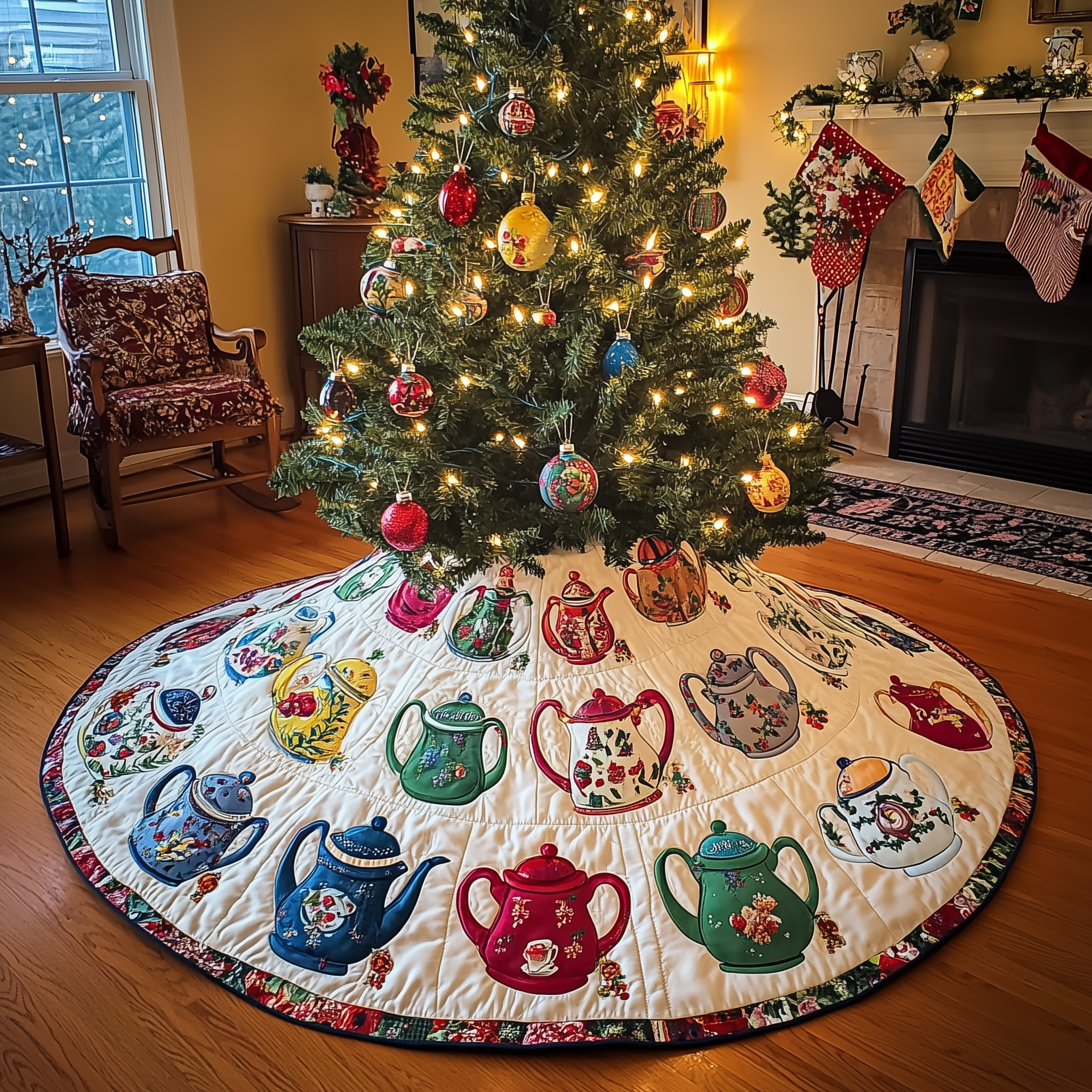 Festive Teapot Quilted Tree Skirt Cozy Tree Skirt For Holiday Decor