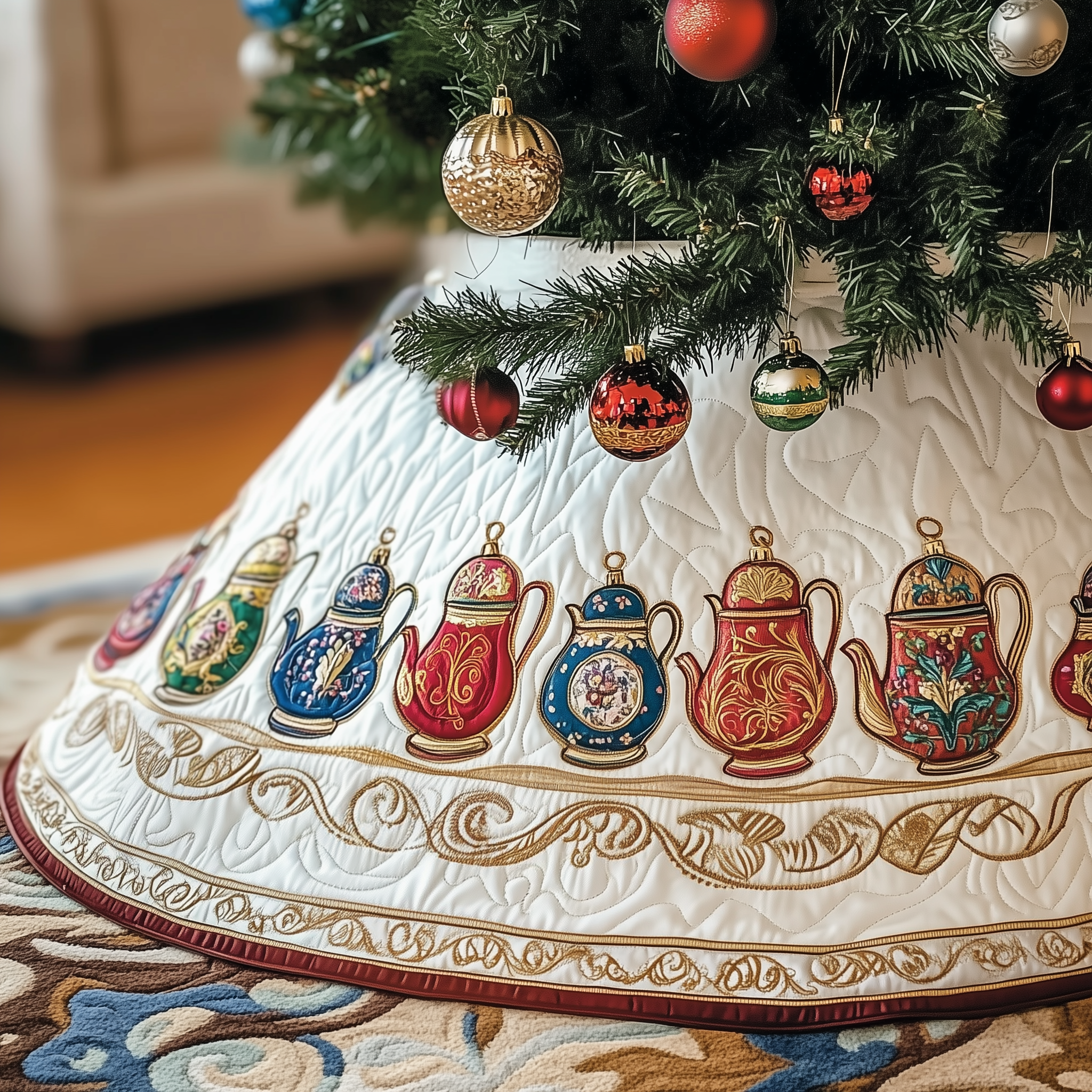 Festive Teapot Quilted Tree Skirt Elegant Christmas Tree Decor Merch