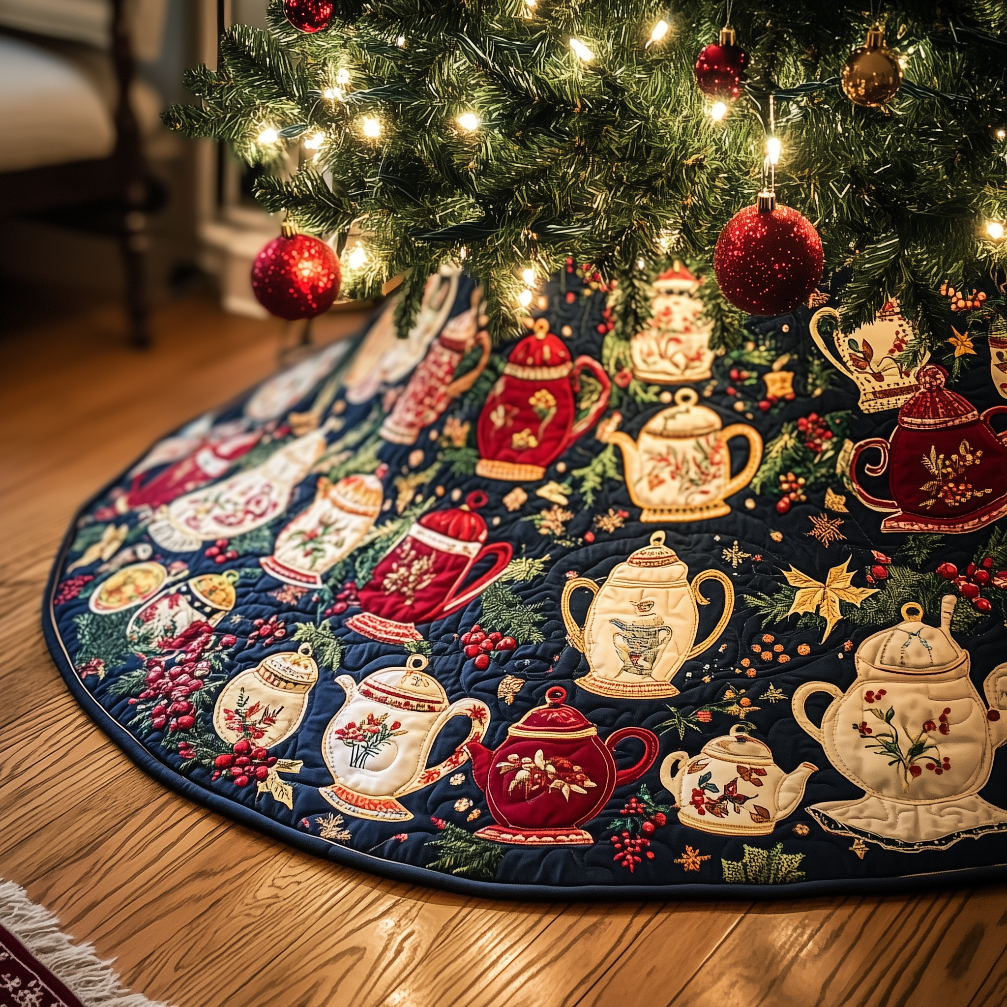 Festive Teapot Quilted Tree Skirt Heartwarming Family Gathering Merch