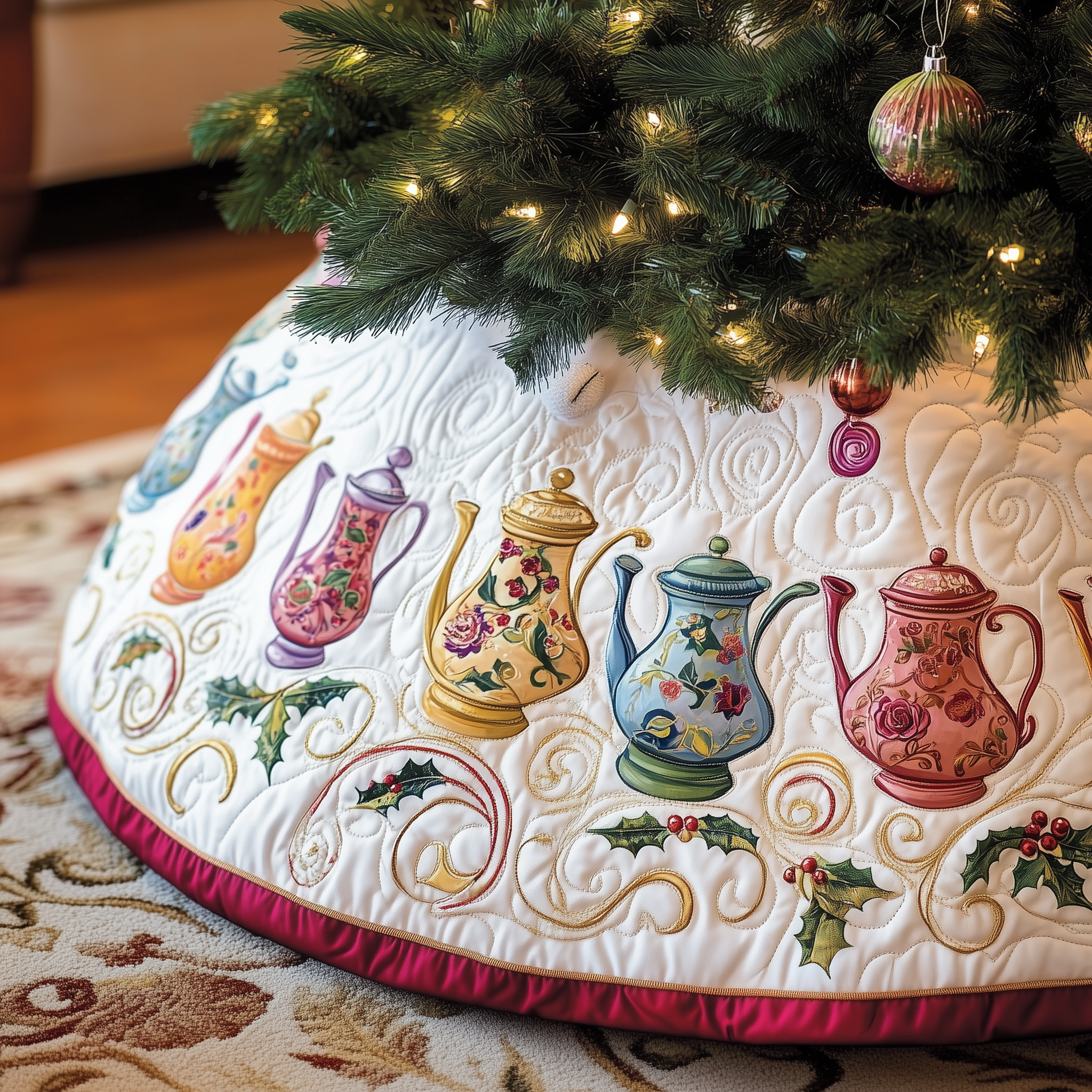 Festive Teapot Quilted Tree Skirt Holiday Gift Merch