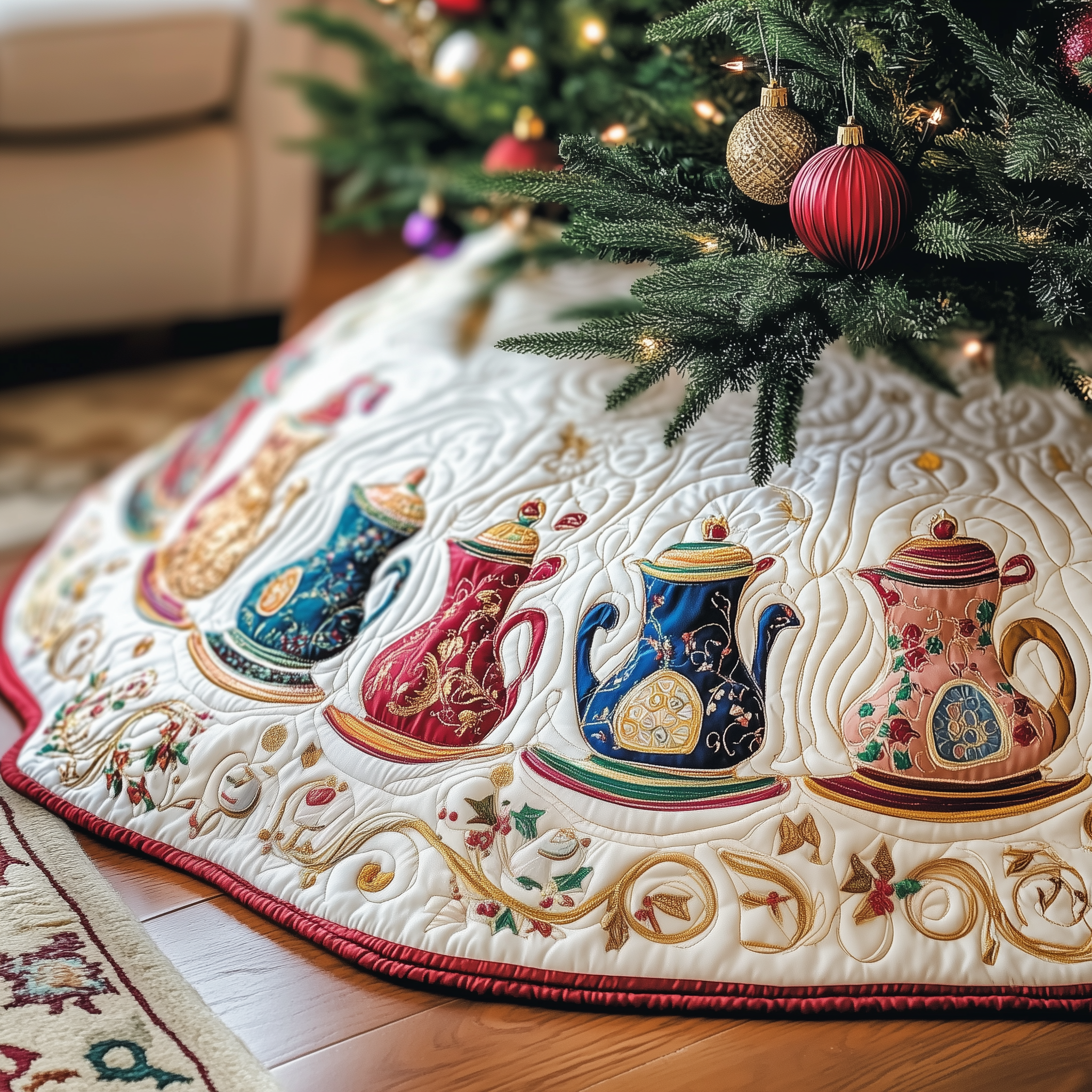 Festive Teapot Quilted Tree Skirt Perfect Home For Christmas Tree Merch